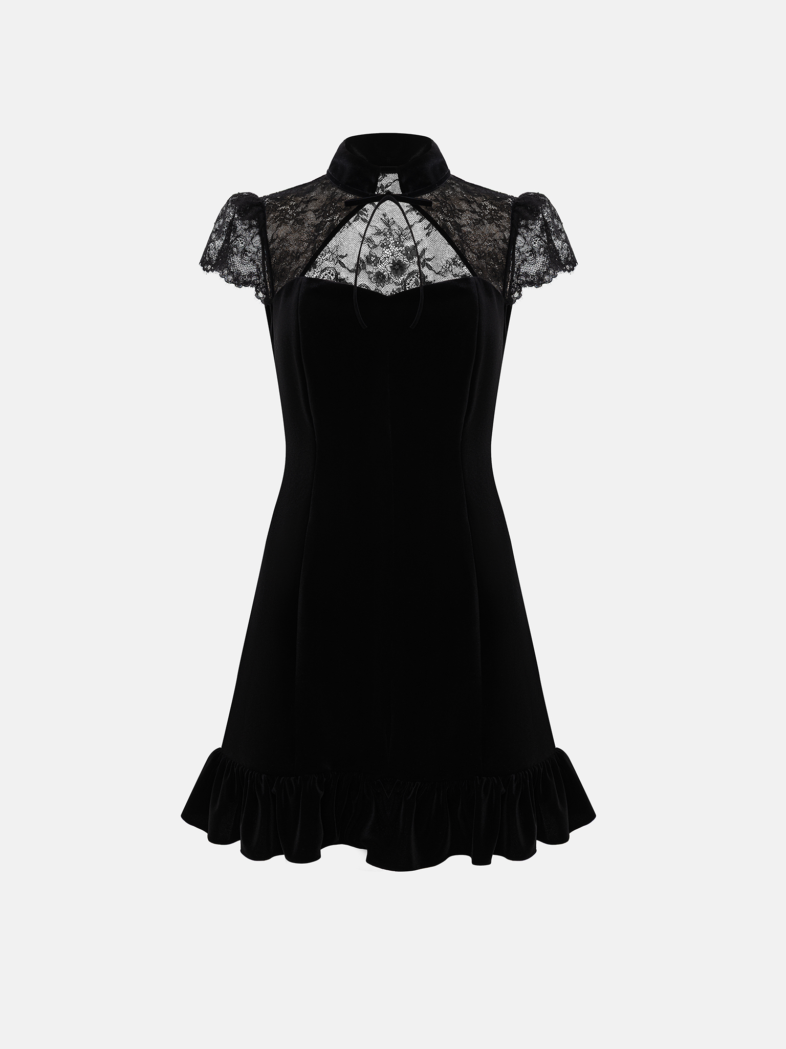 Приталенное платье мини с кружевом на лифе и завязками