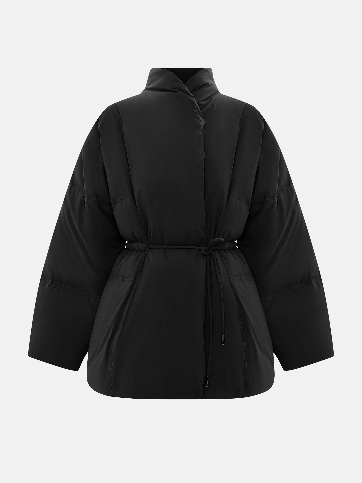 Короткий пуховик на запах с завязками на талии