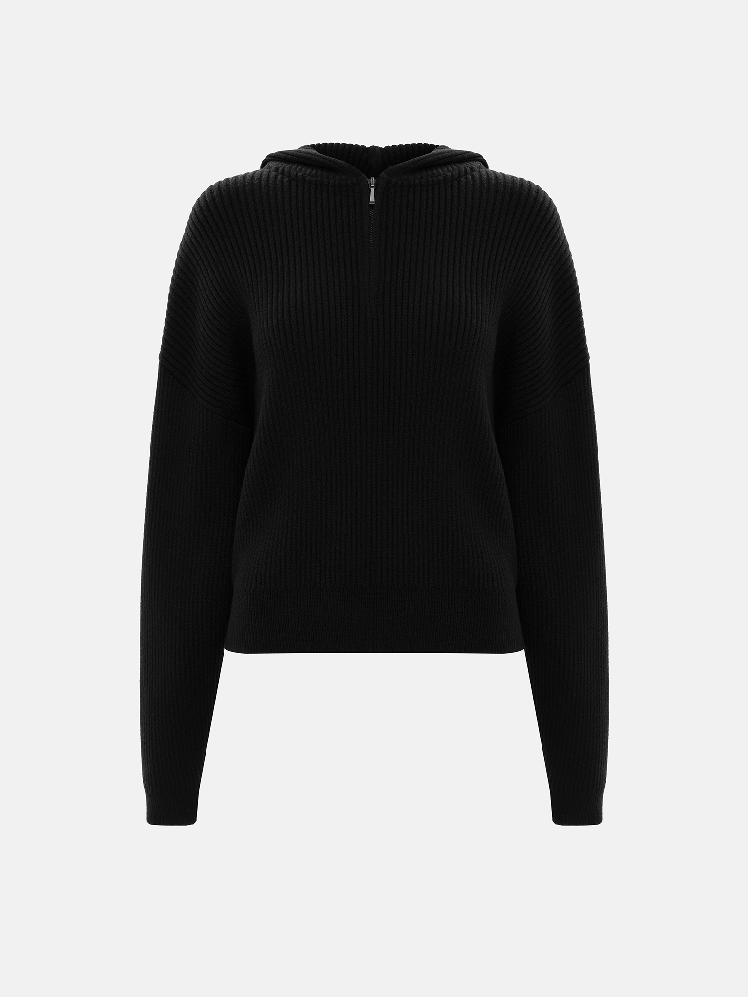 Loose rib-knit hooded jumper