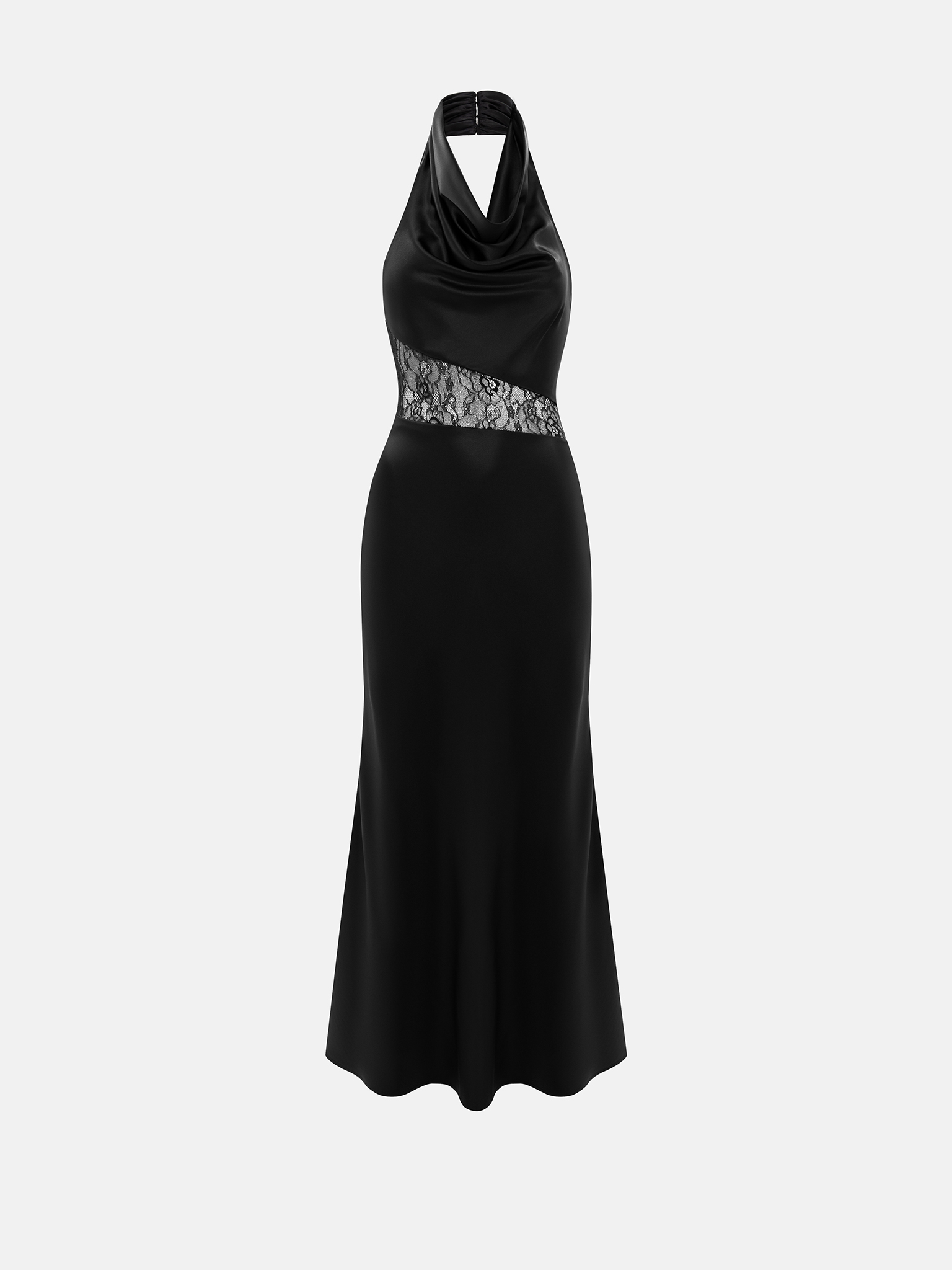 Satin maxi dress with draped neckline and lace insert at the waist