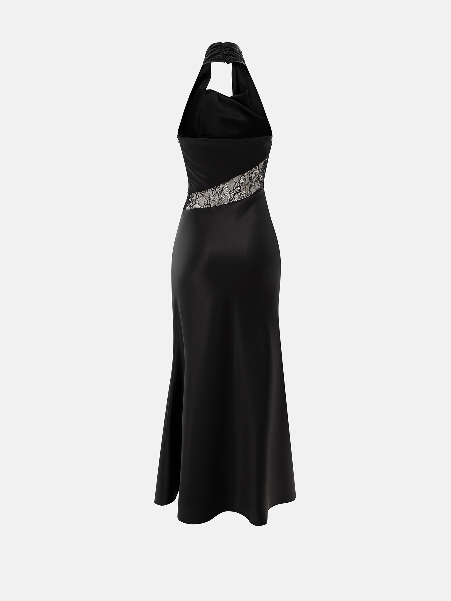 Satin maxi dress with draped neckline and lace insert at the waist