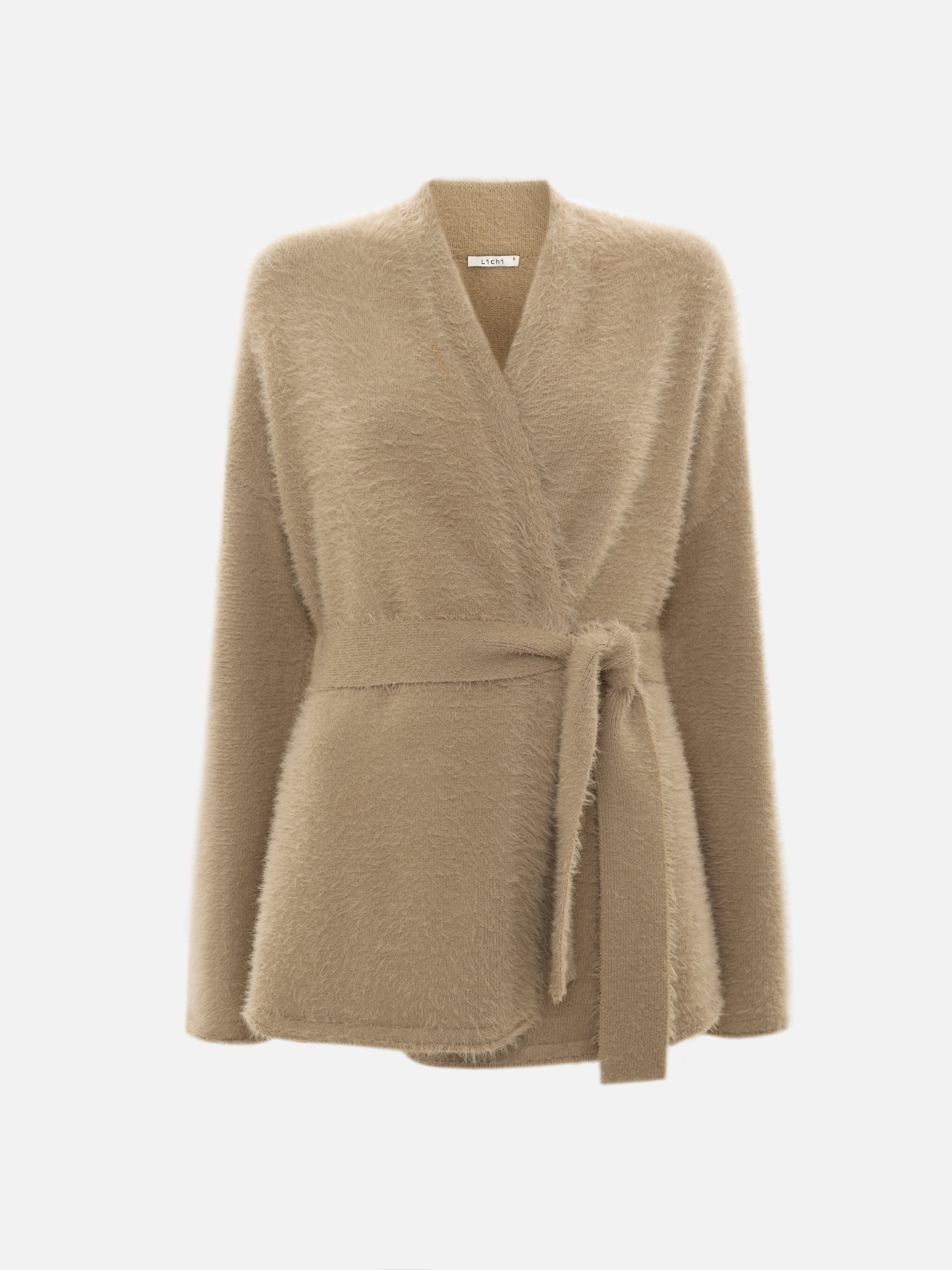 Fluffy jersey wrap cardigan with a belt