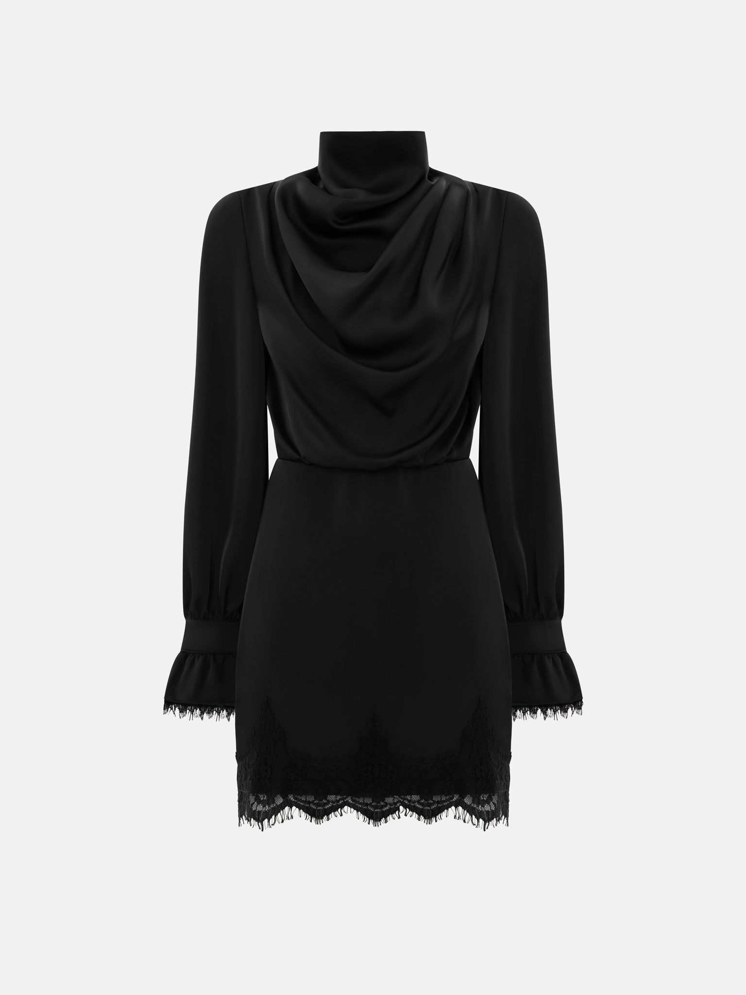 Платье мини из сатина с драпировкой на лифе и кружевом