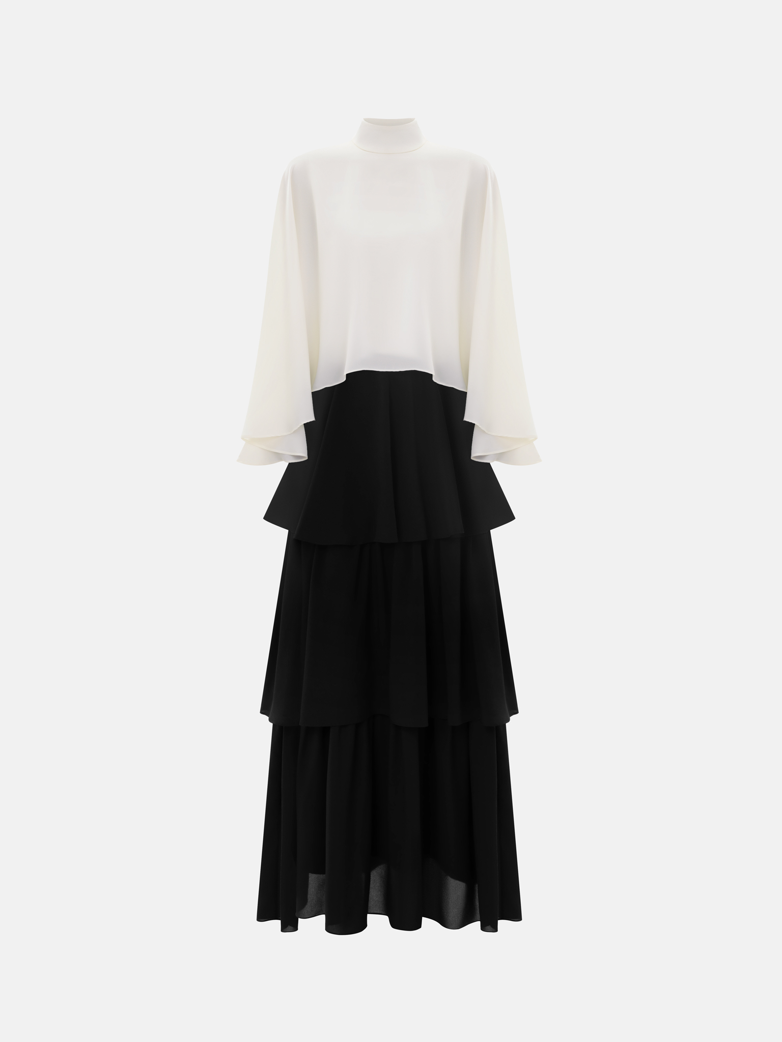 Maxi dress with contrasting cape and tiered skirt