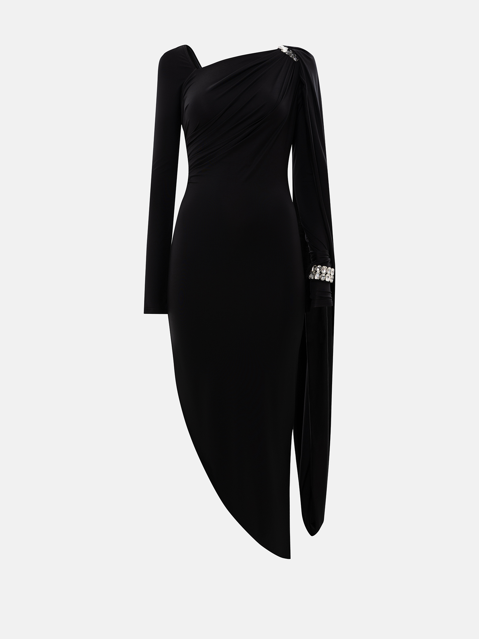 Платье миди со шлейфом на одно плечо и браслетом из кристаллов