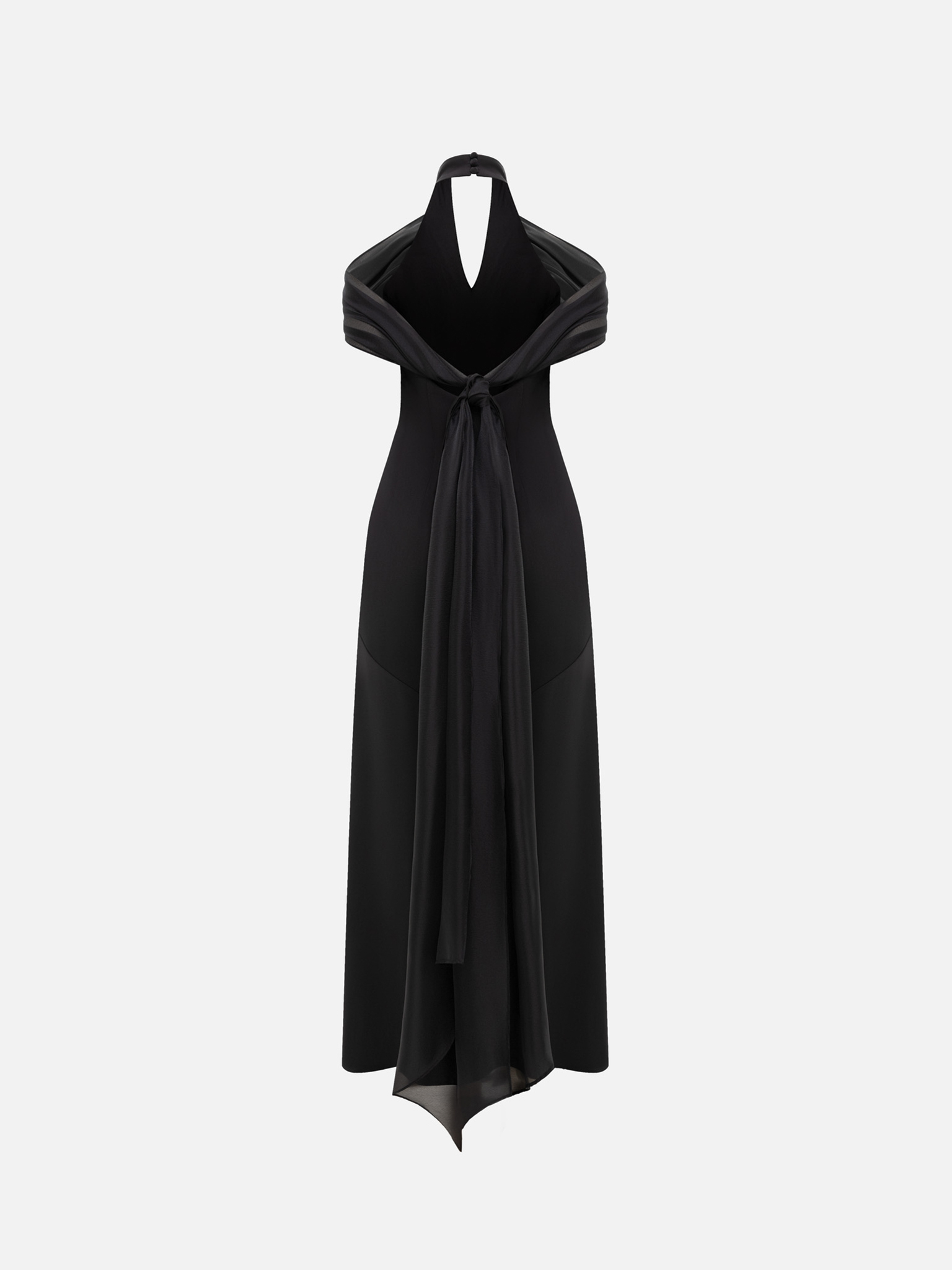 Maxi dress with open shoulders and long ribbons on the bodice