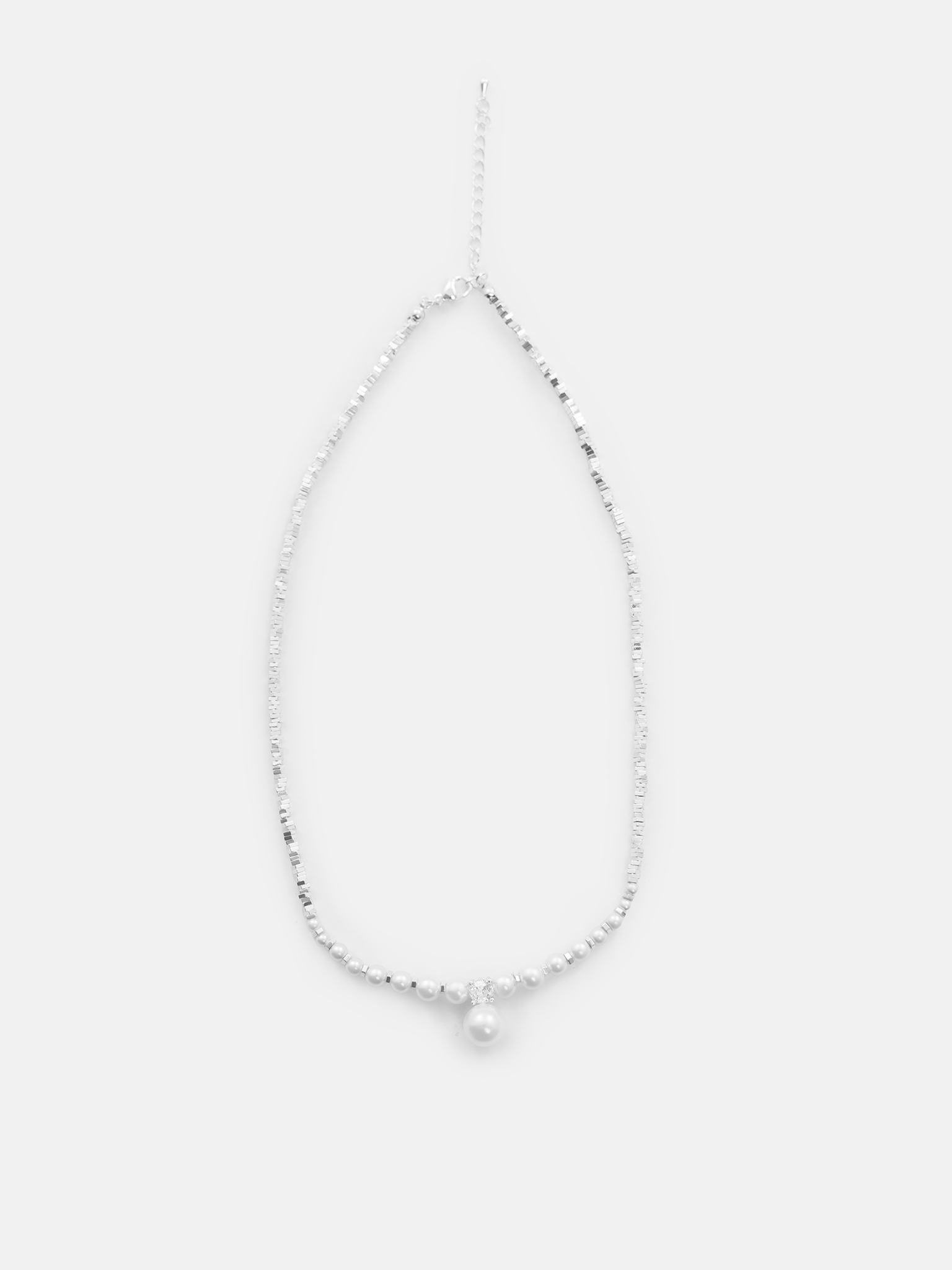 Silvertone block necklace with pearl detail