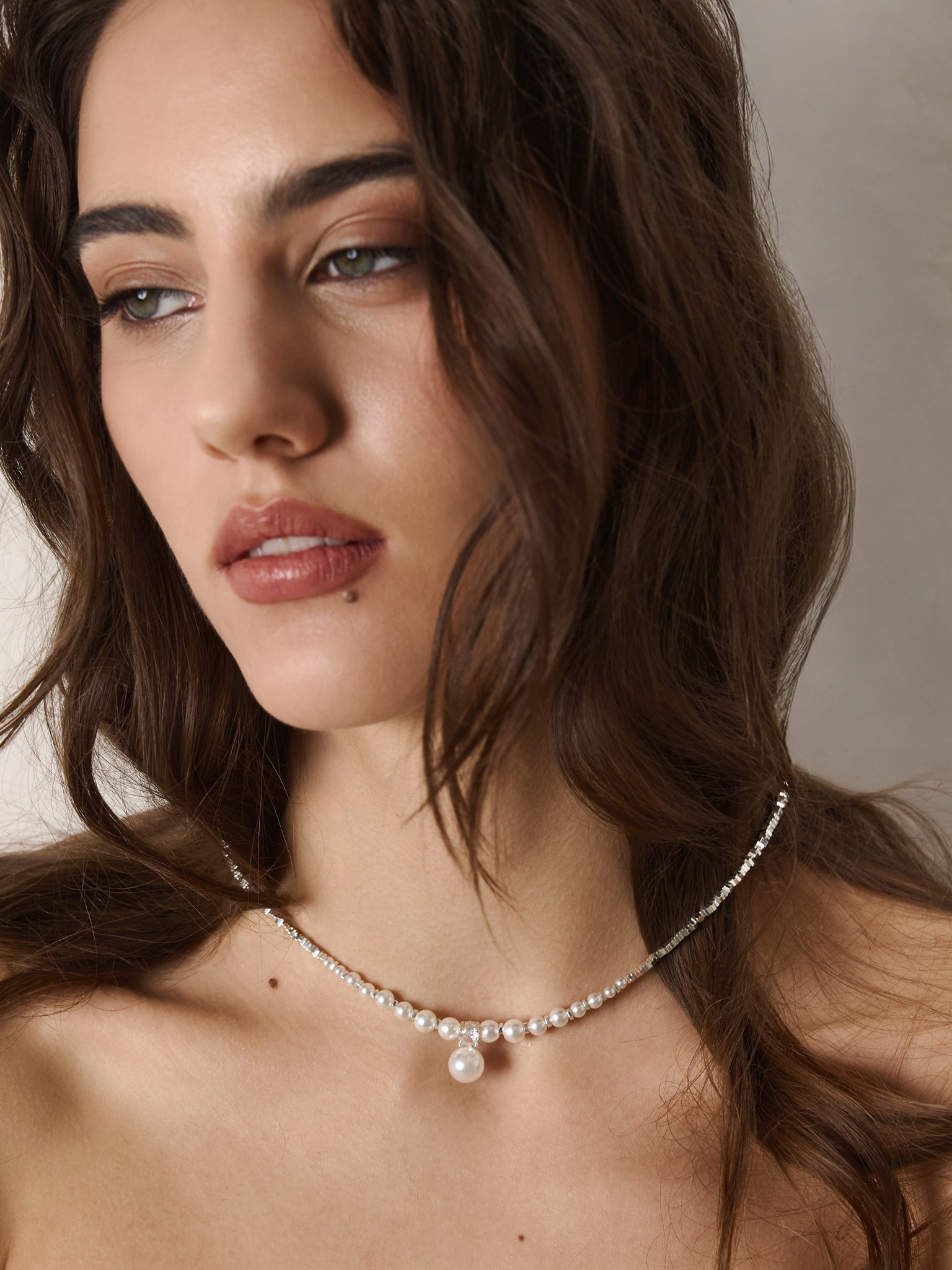 Silvertone block necklace with pearl detail