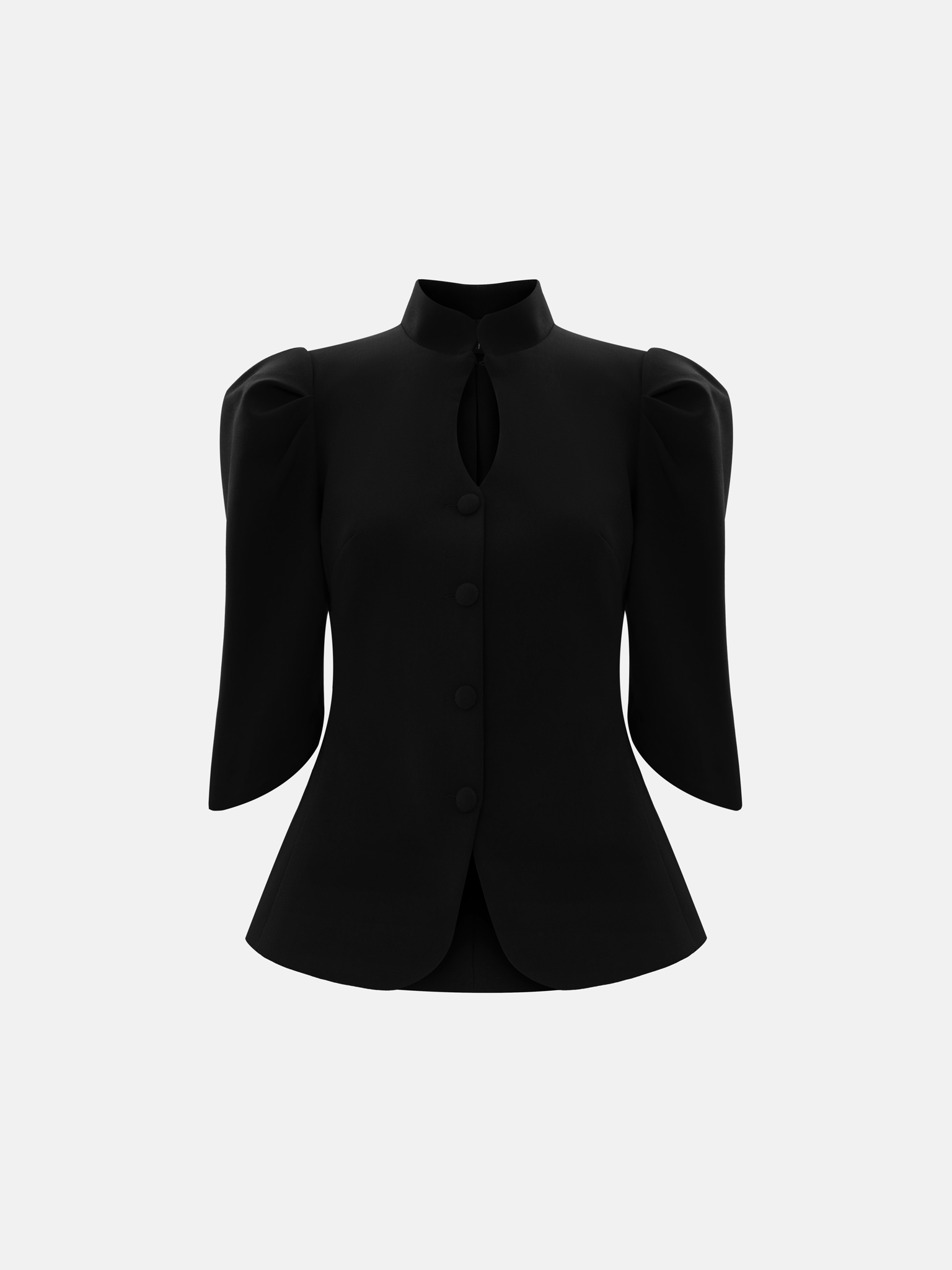Fitted jacket with teardrop neckline and covered buttons