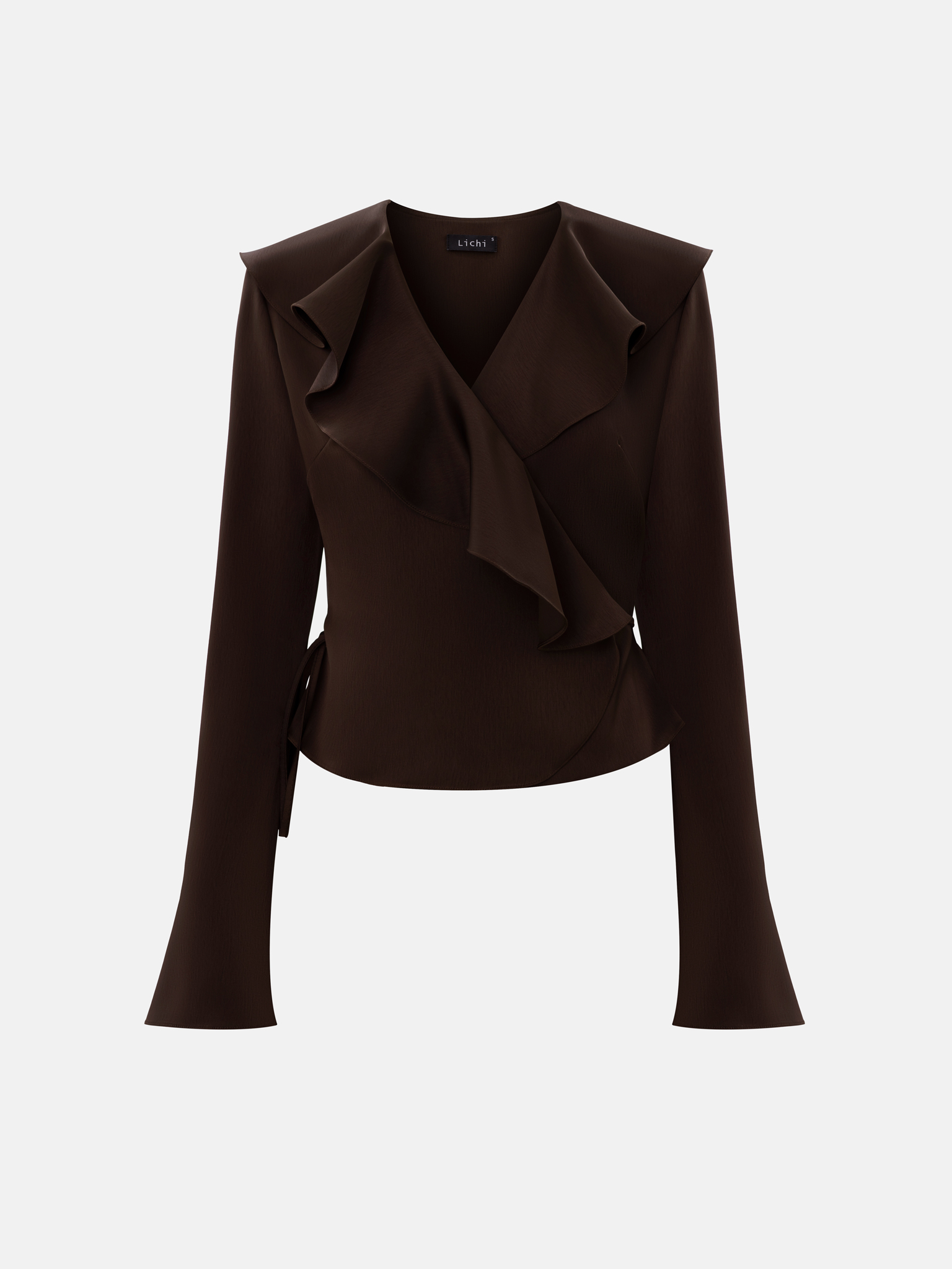 Блуза на запах из сатина с воланами на воротнике