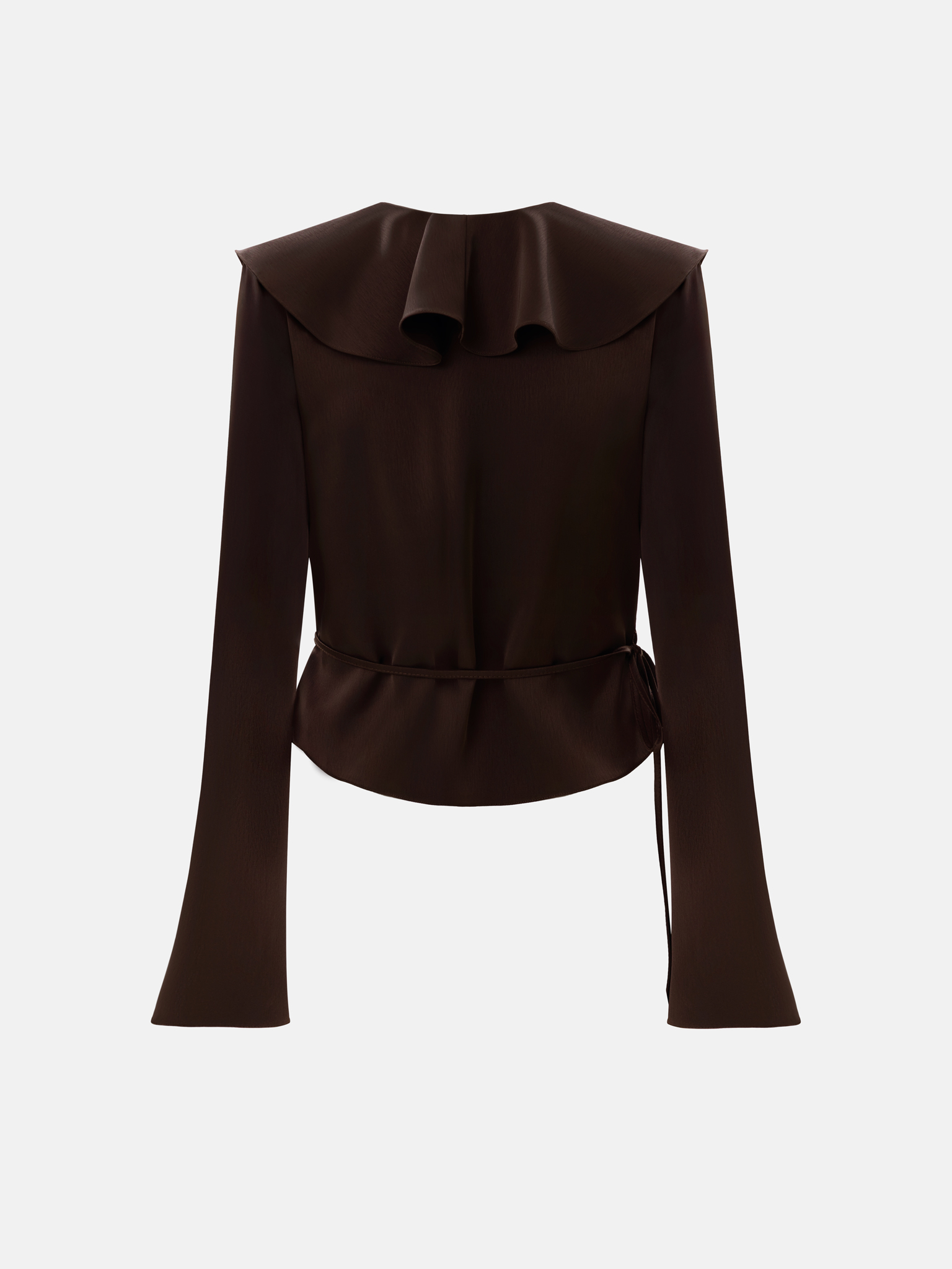 Блуза на запах из сатина с воланами на воротнике