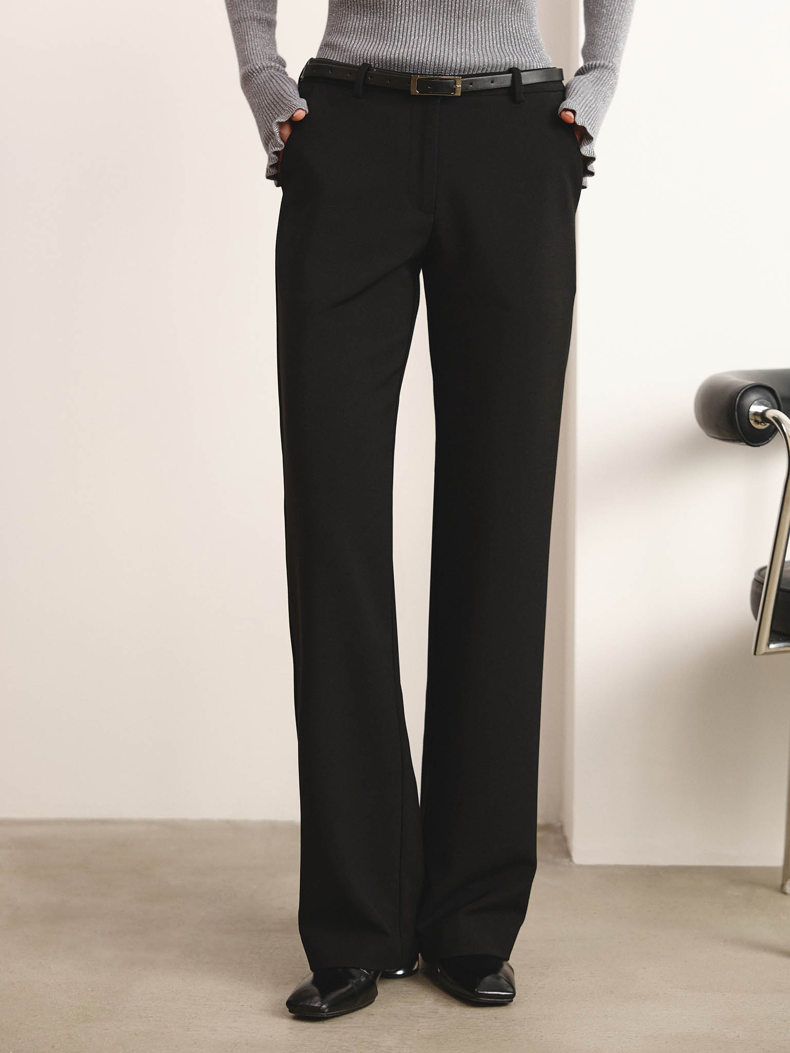 Low-rise straight-leg trousers with eco-leather belt
