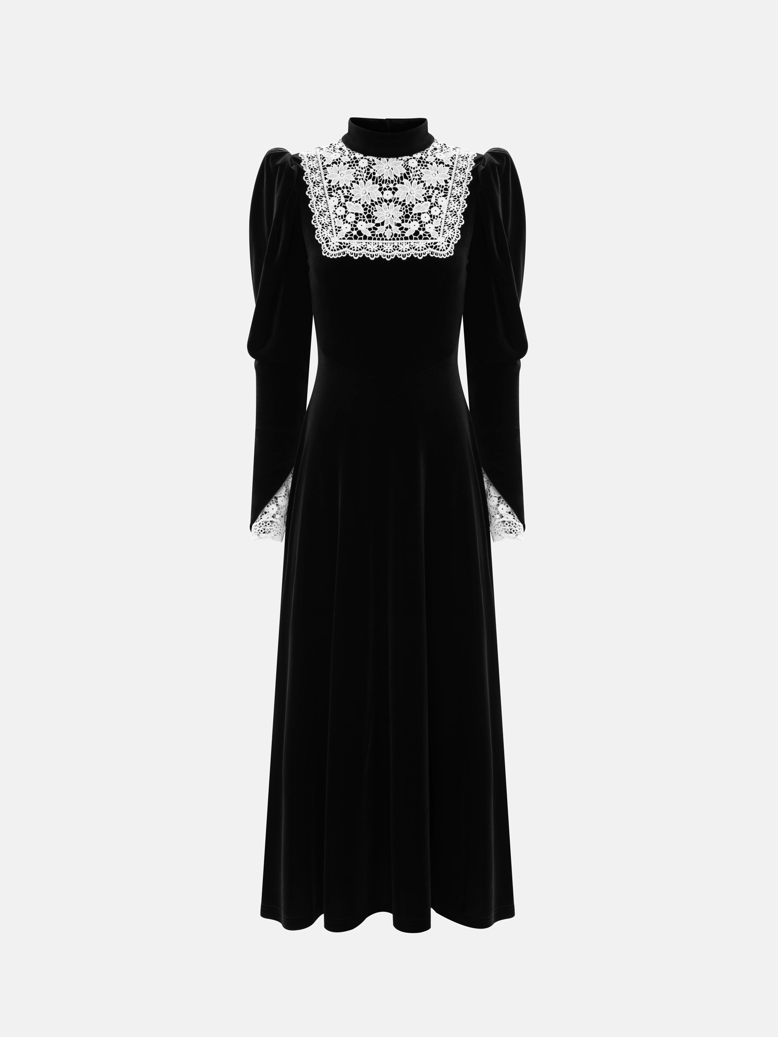 فستان متوسط الطول من المخمل مع تداخلات مخرمة متباينة