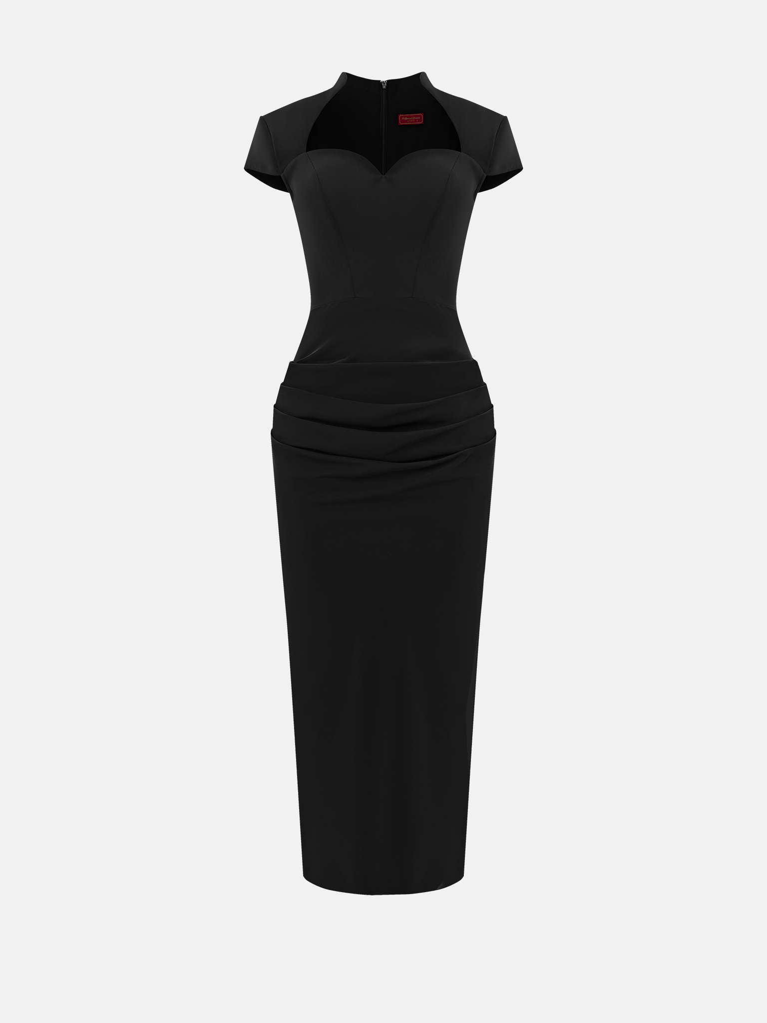 فستان متوسط الطول ملائم مع رقبة منحنية ووركين منسدلين