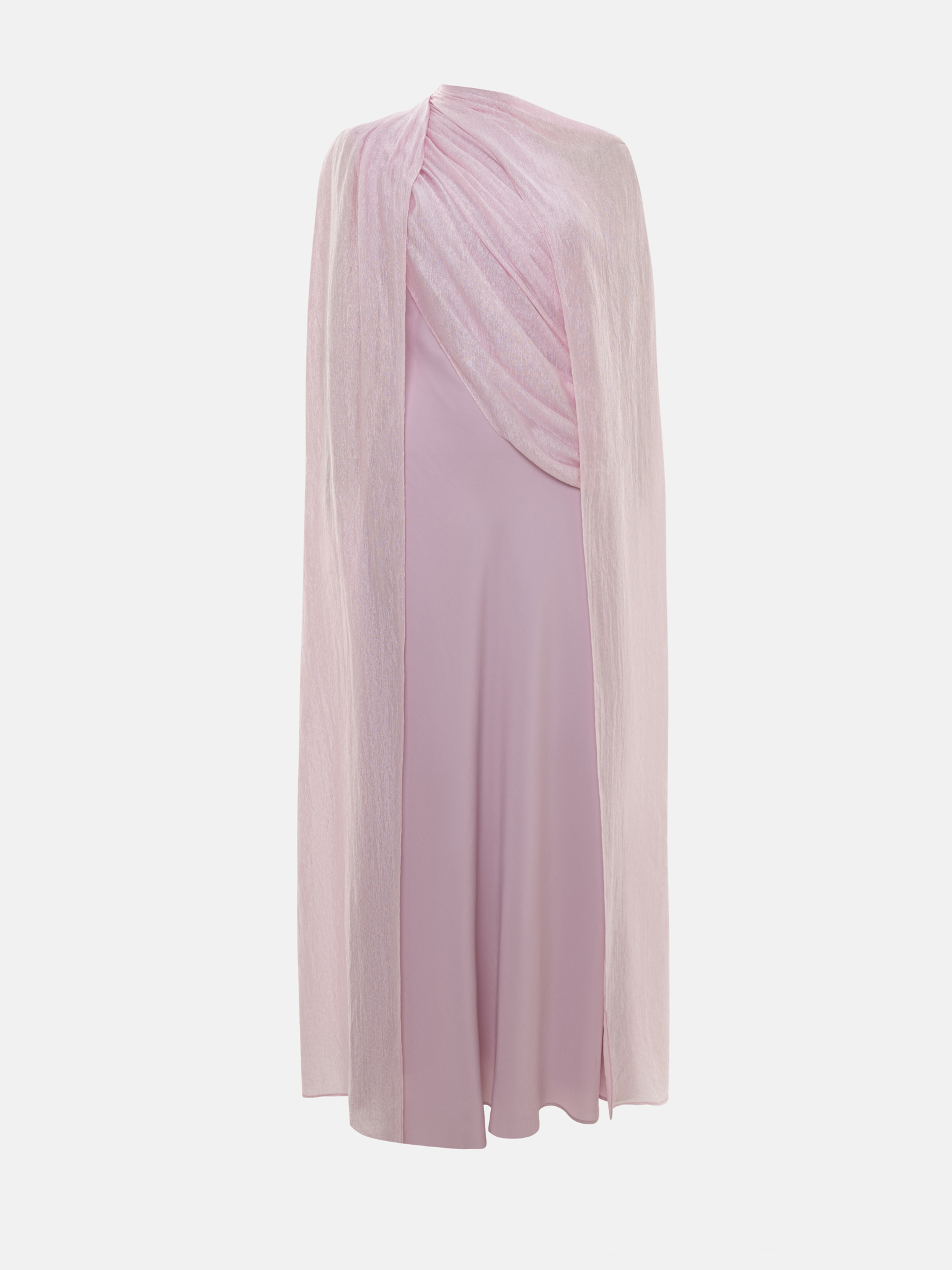 Textured maxi dress with asymmetrical draping and cape