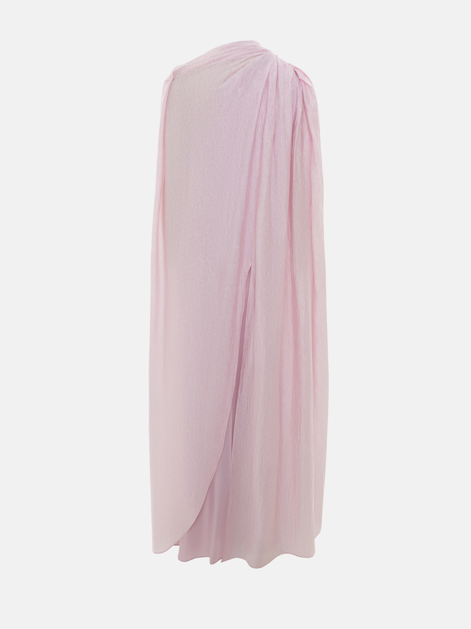 Textured maxi dress with asymmetrical draping and cape