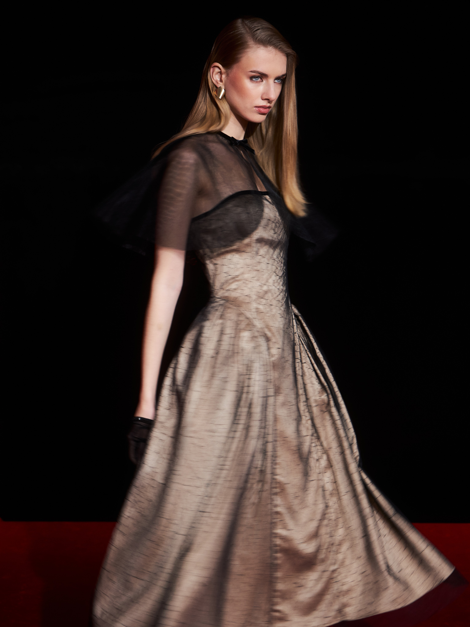 Shiny midi dress with semi-transparent cape