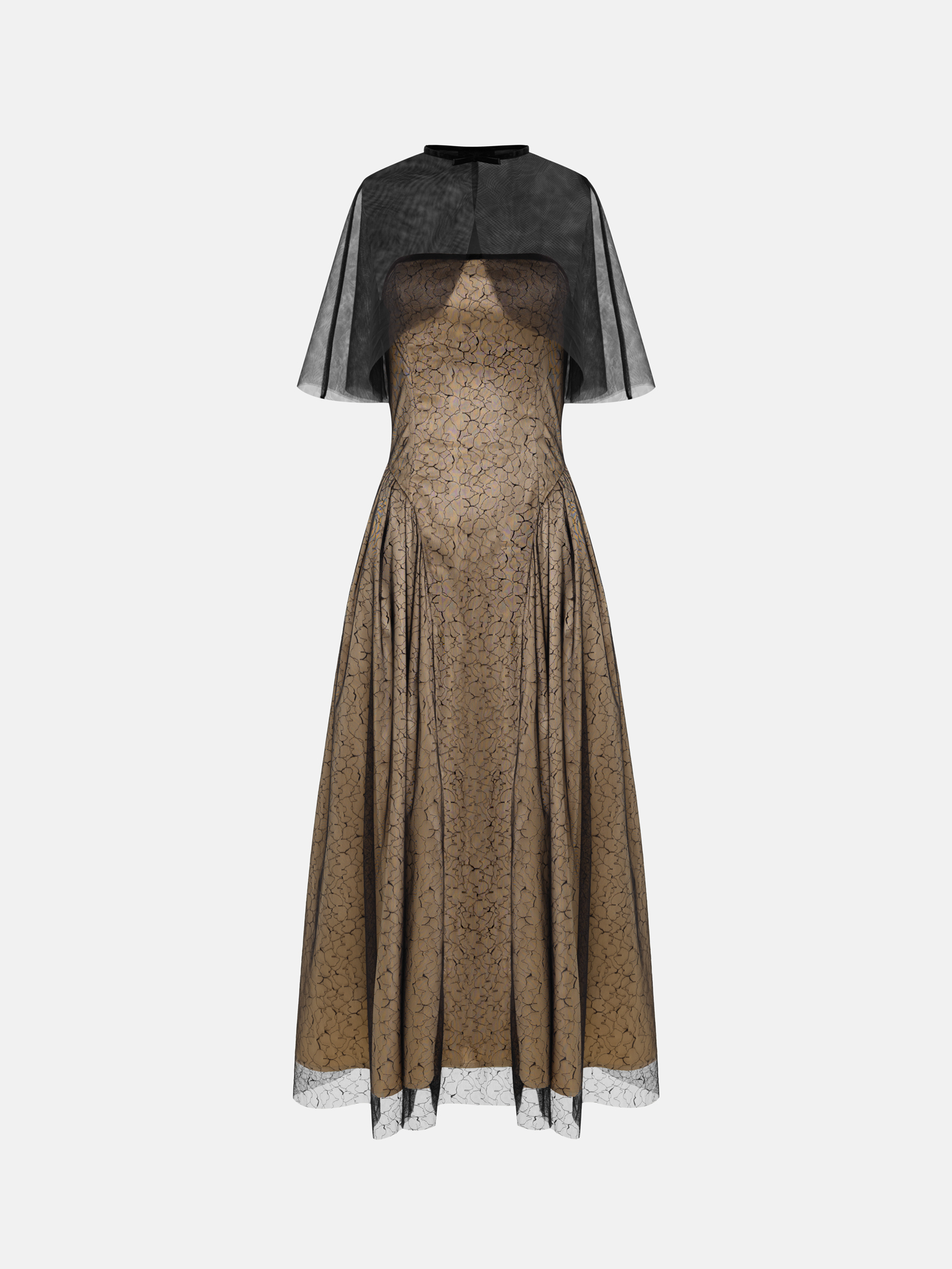 Shiny midi dress with semi-transparent cape