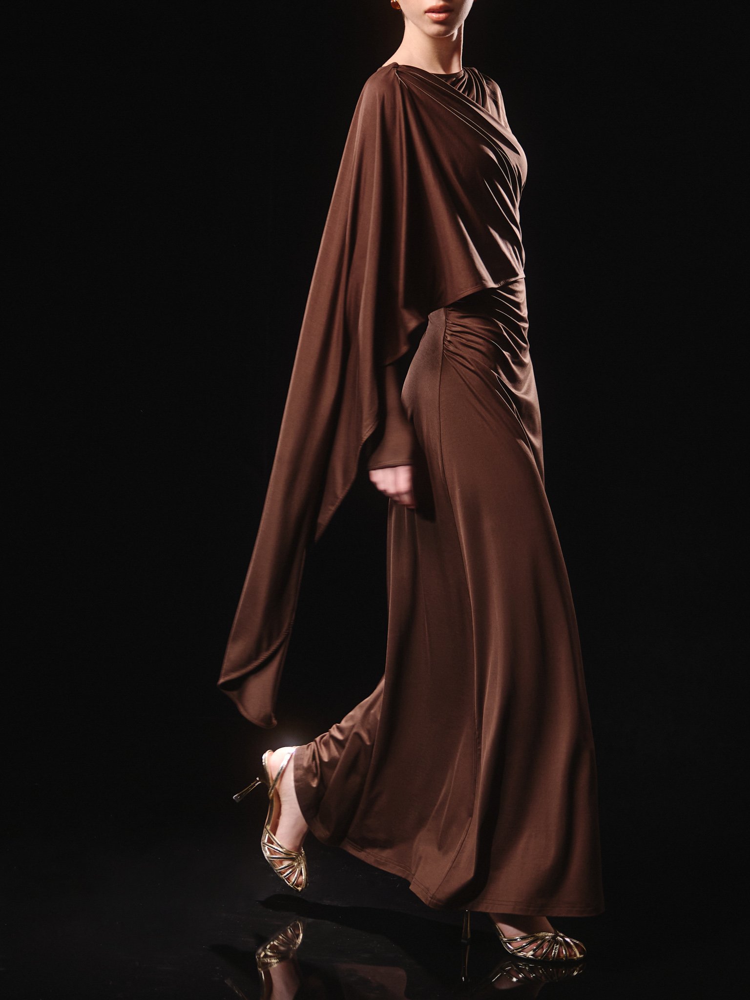 Jersey maxi dress with one-shoulder cape