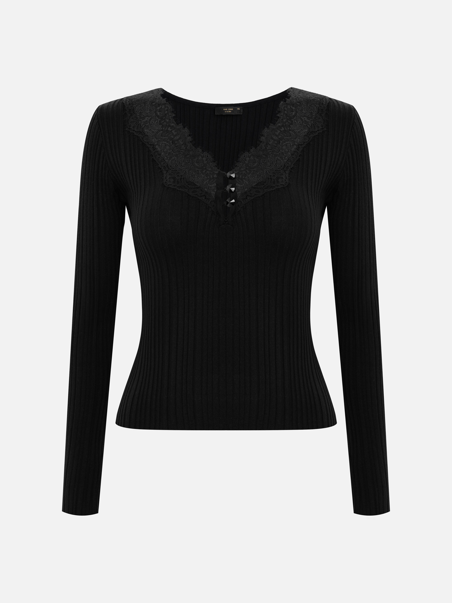 Ribbed jumper with lace insert at the bodice