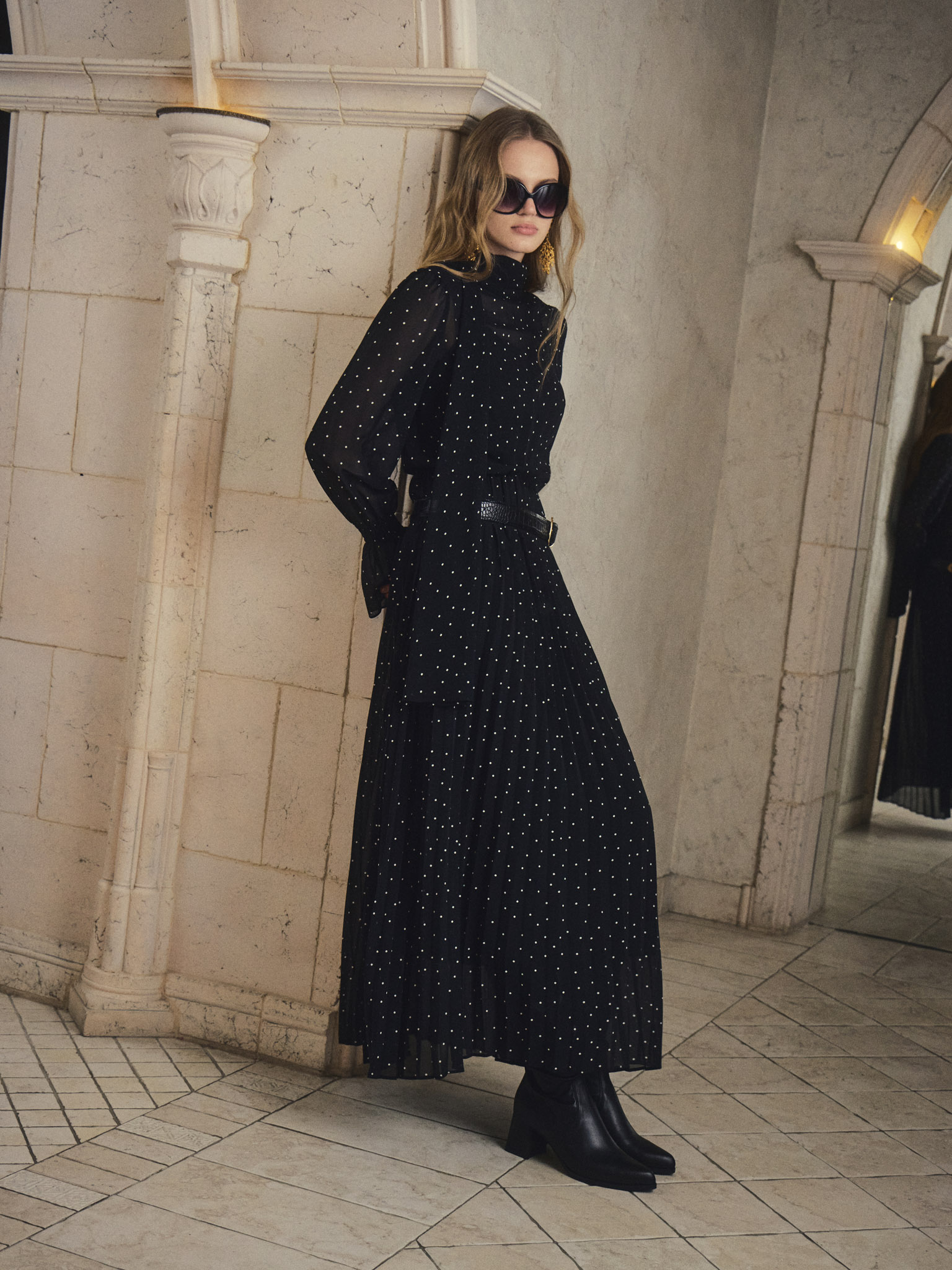 Polka dot maxi dress with ribbon scarf