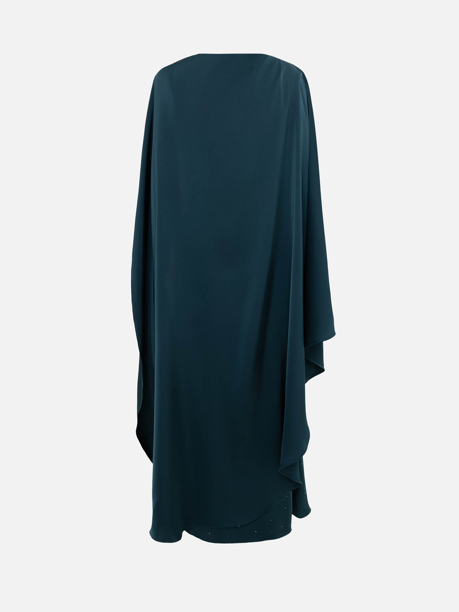 Maxi dress with asymmetrical cape and rhinestones on the skirt
