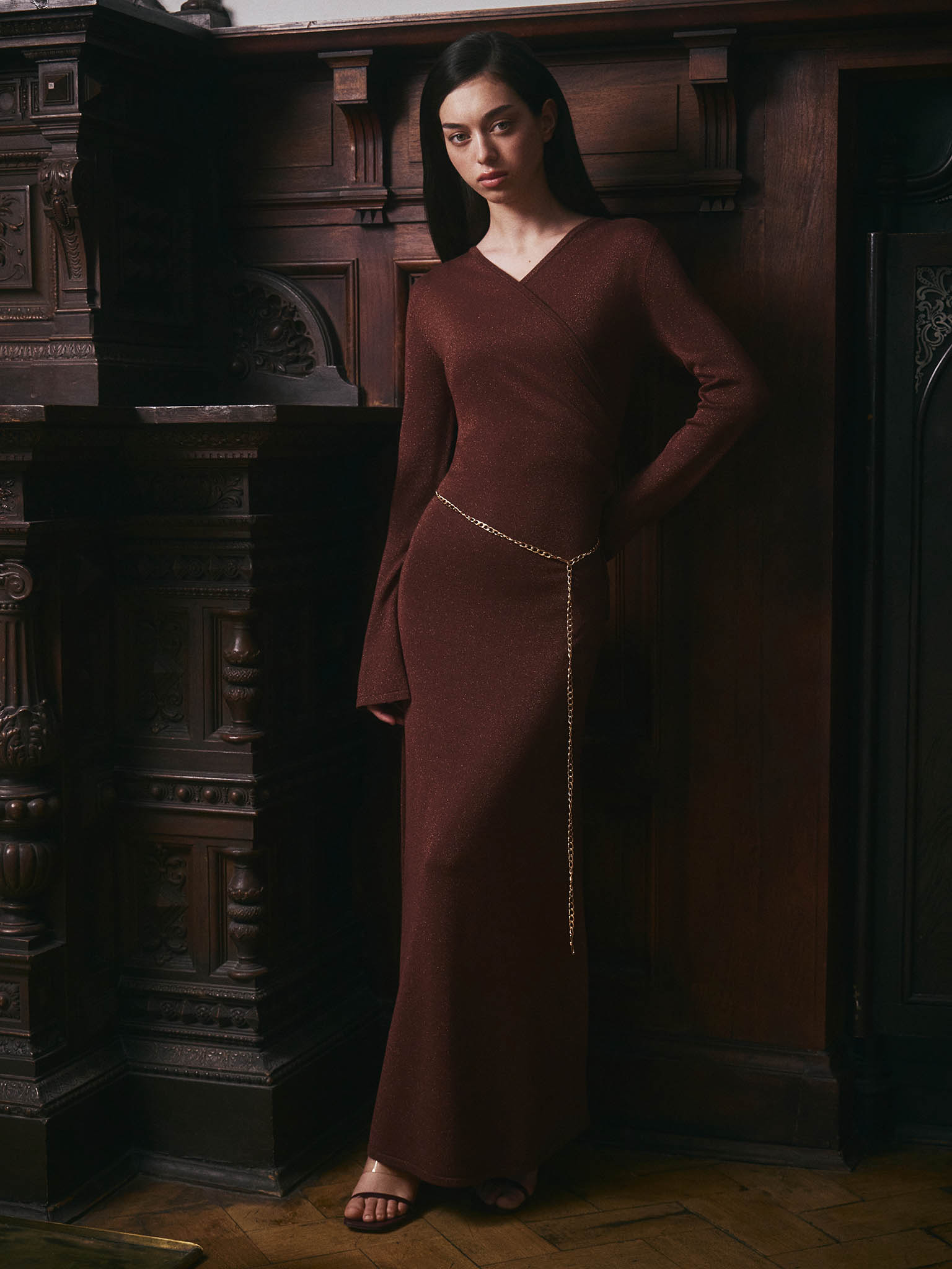 Maxi viscose dress with a wrap imitation 