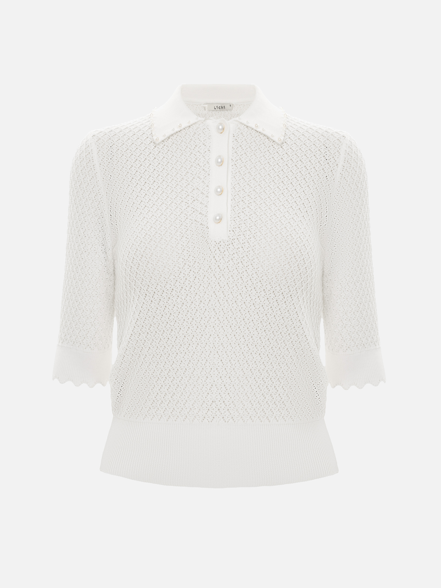 Openwork knitted polo shirt with pearlescent buttons
