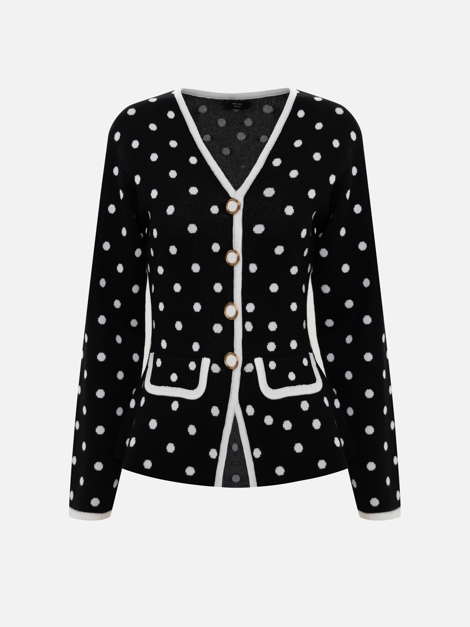 Кардиган в горошек из вискозы с баской на талии