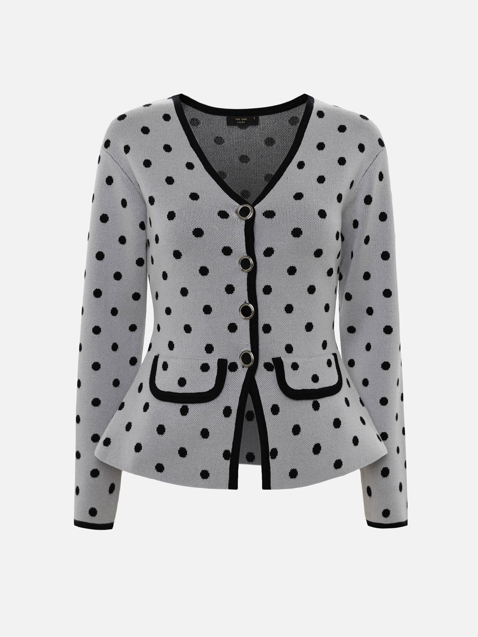 Кардиган в горошек из вискозы с баской на талии