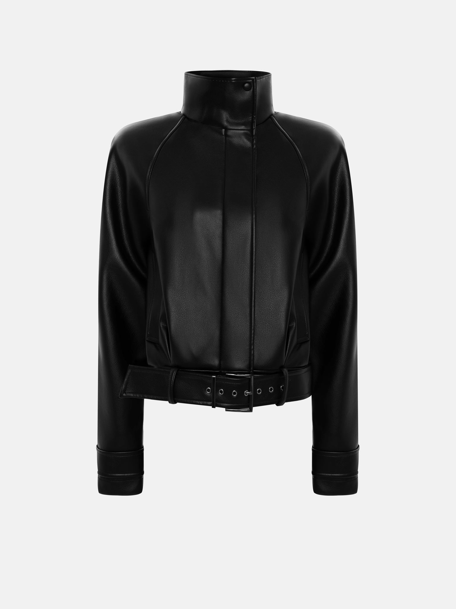 Куртка из экокожи с высоким воротником и ремнем в тон