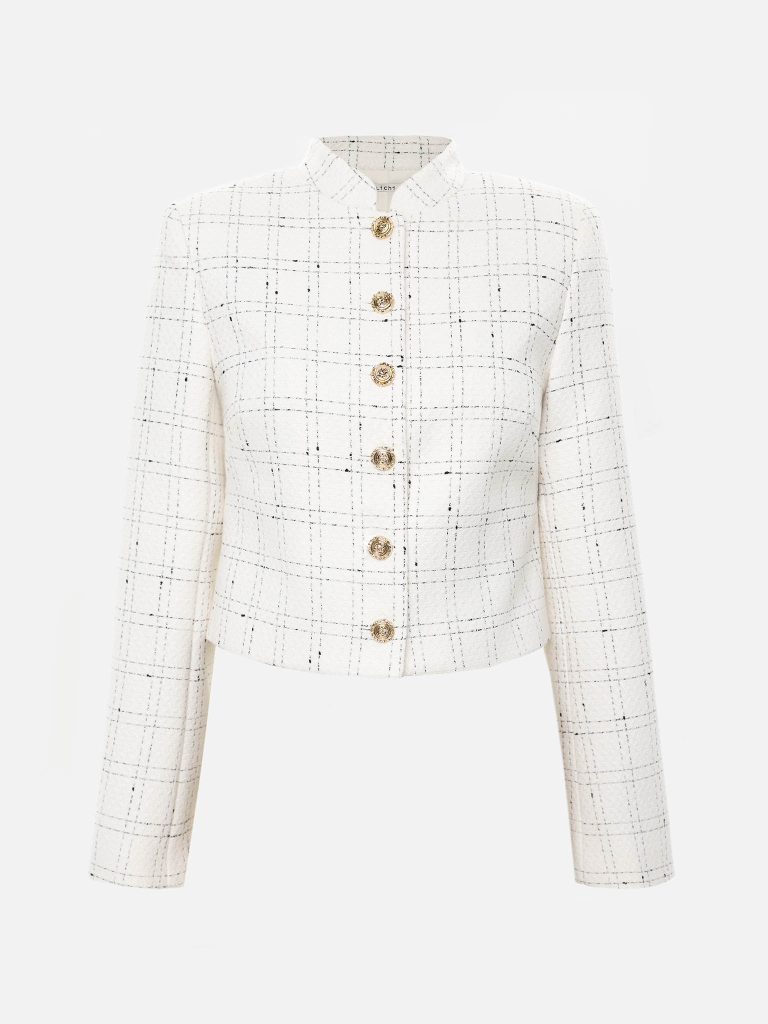 Твидовый однобортный жакет в контрастную клетку