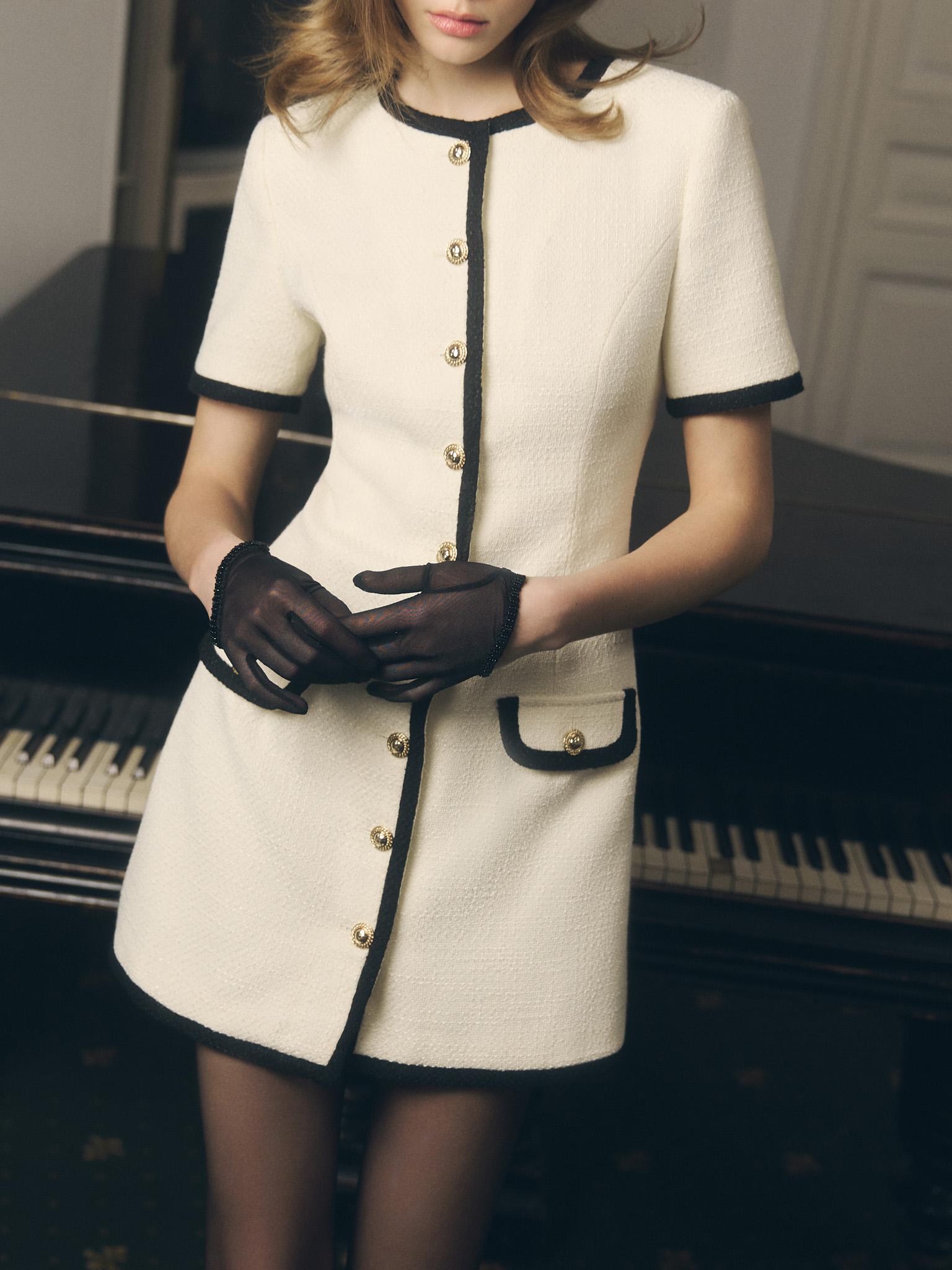 Tweed mini dress with contrasting inserts