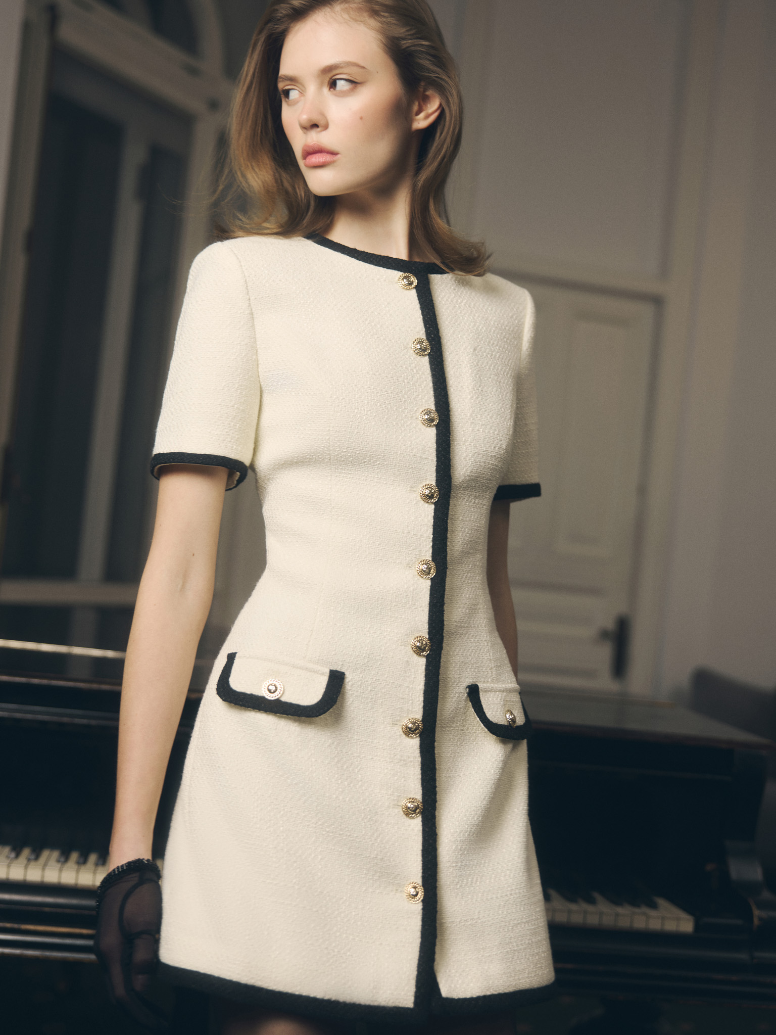 Tweed mini dress with contrasting inserts