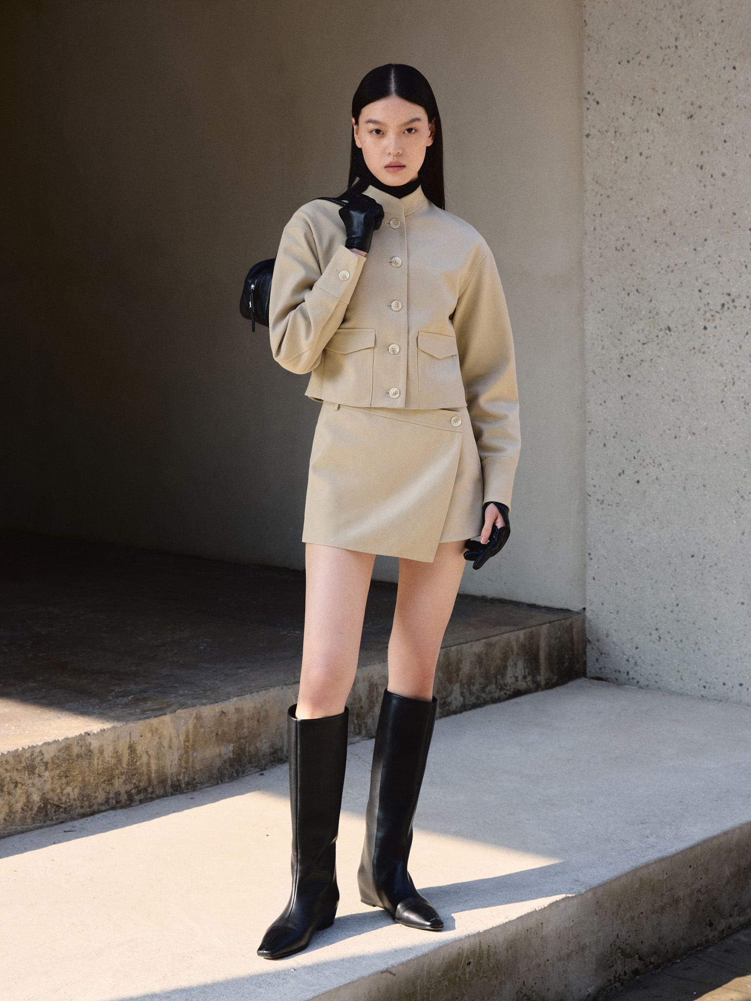 Cropped eco-suede jacket with large buttons