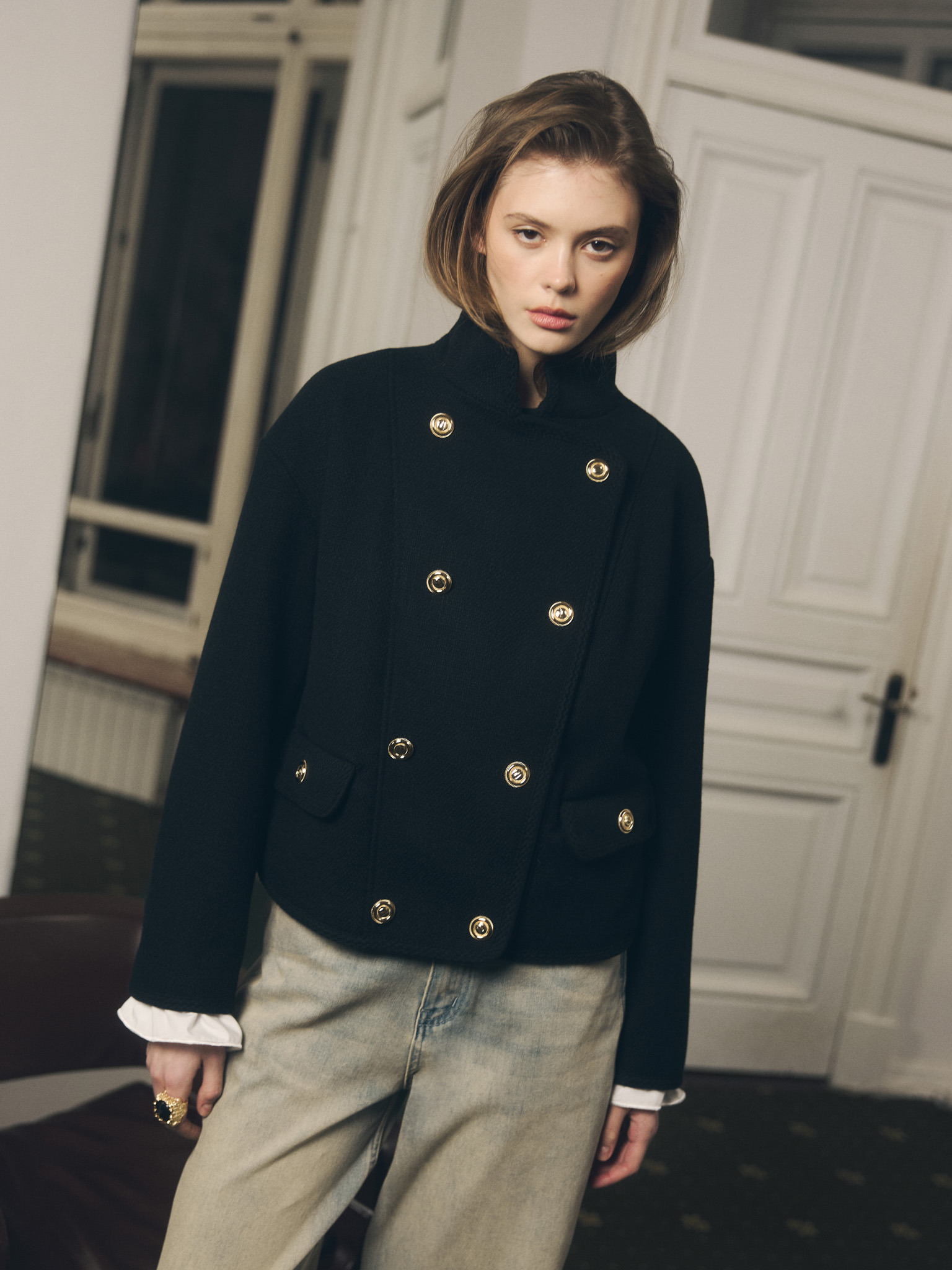 Double-breasted coat jacket with golden buttons