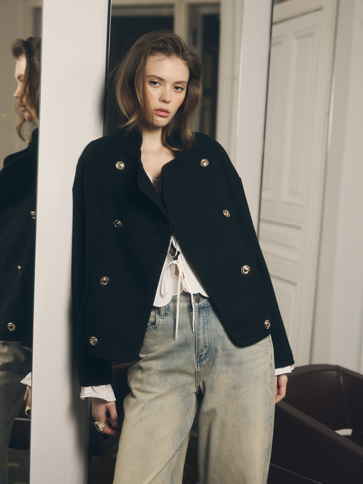 Double-breasted coat jacket with golden buttons