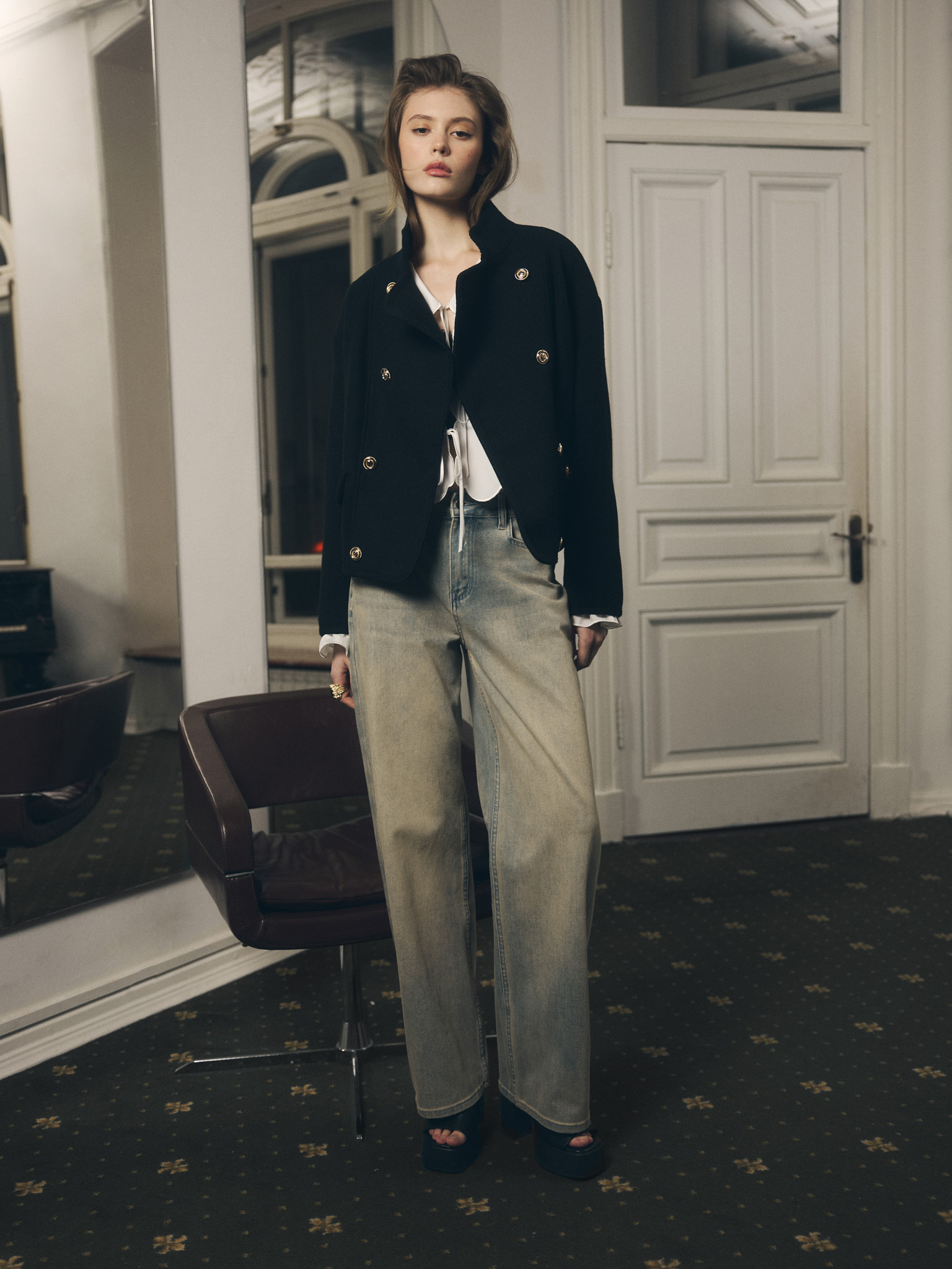 Double-breasted coat jacket with golden buttons