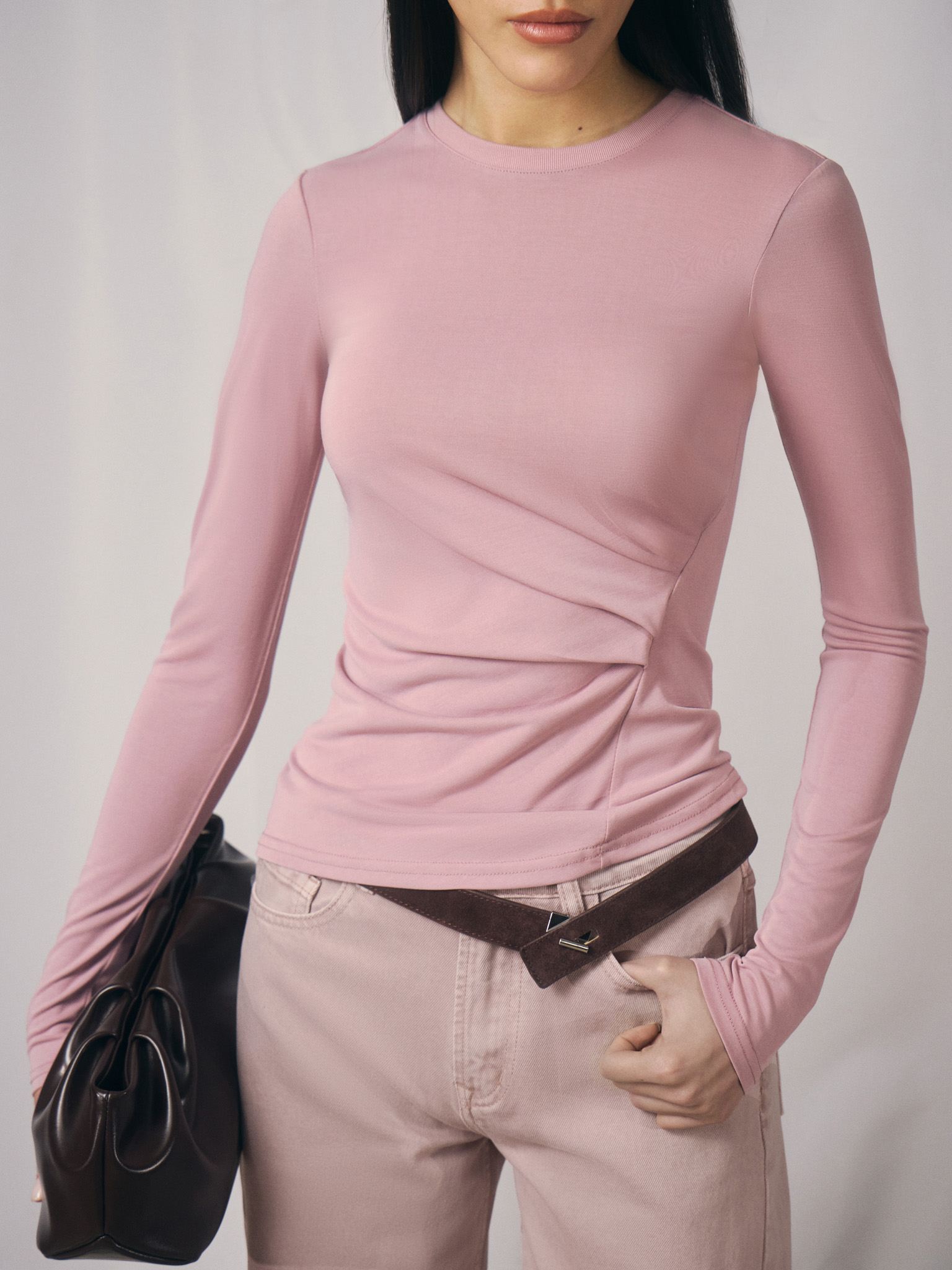 Langärmliges Oberteil aus Viskose mit Drapierung an der Taille