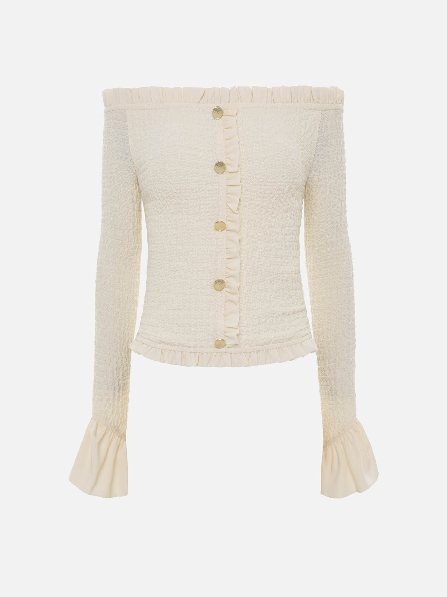 Блуза с открытыми плечами из фактурной ткани