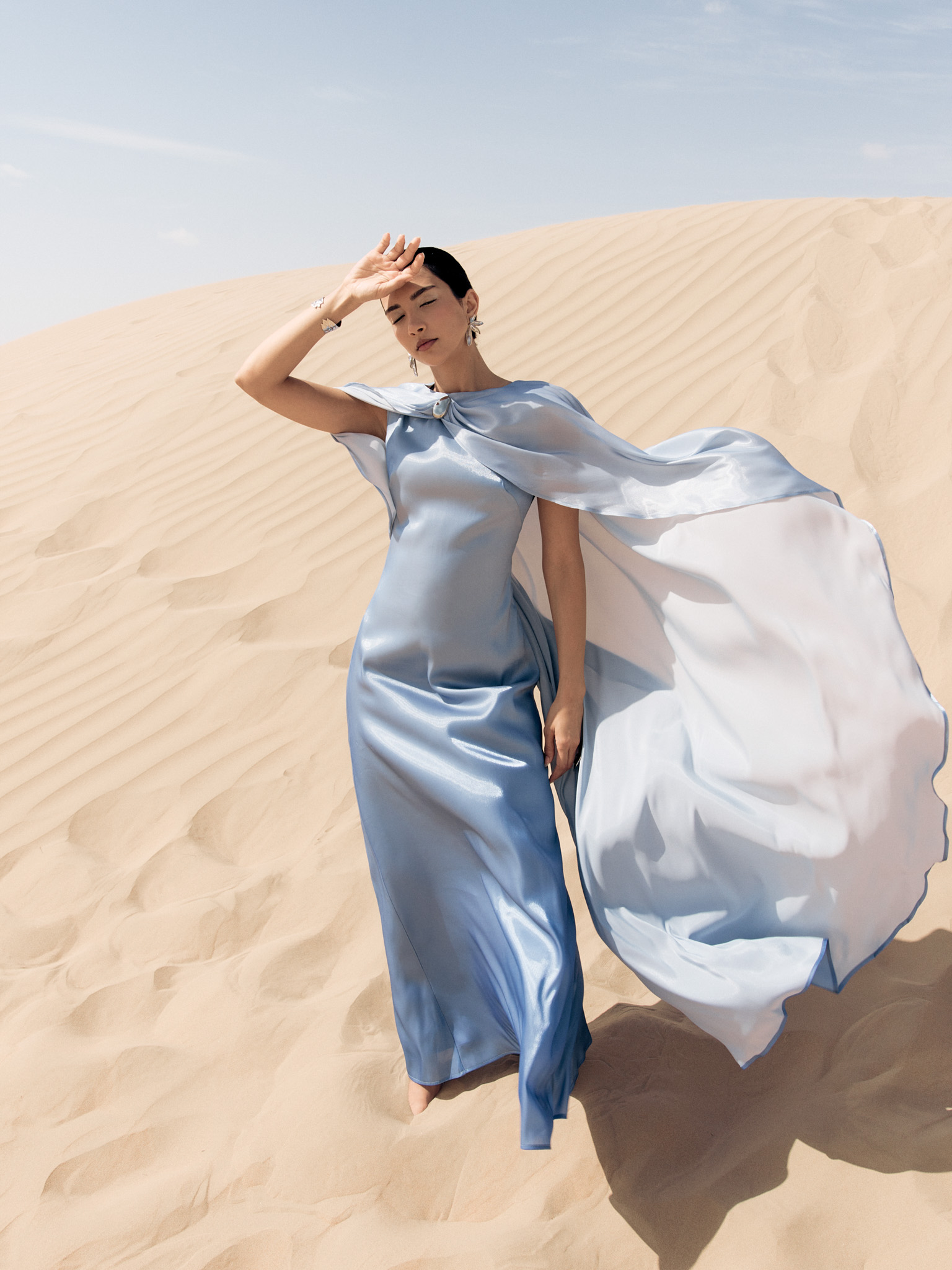 Shimmering maxi dress with cape and metallic detailing