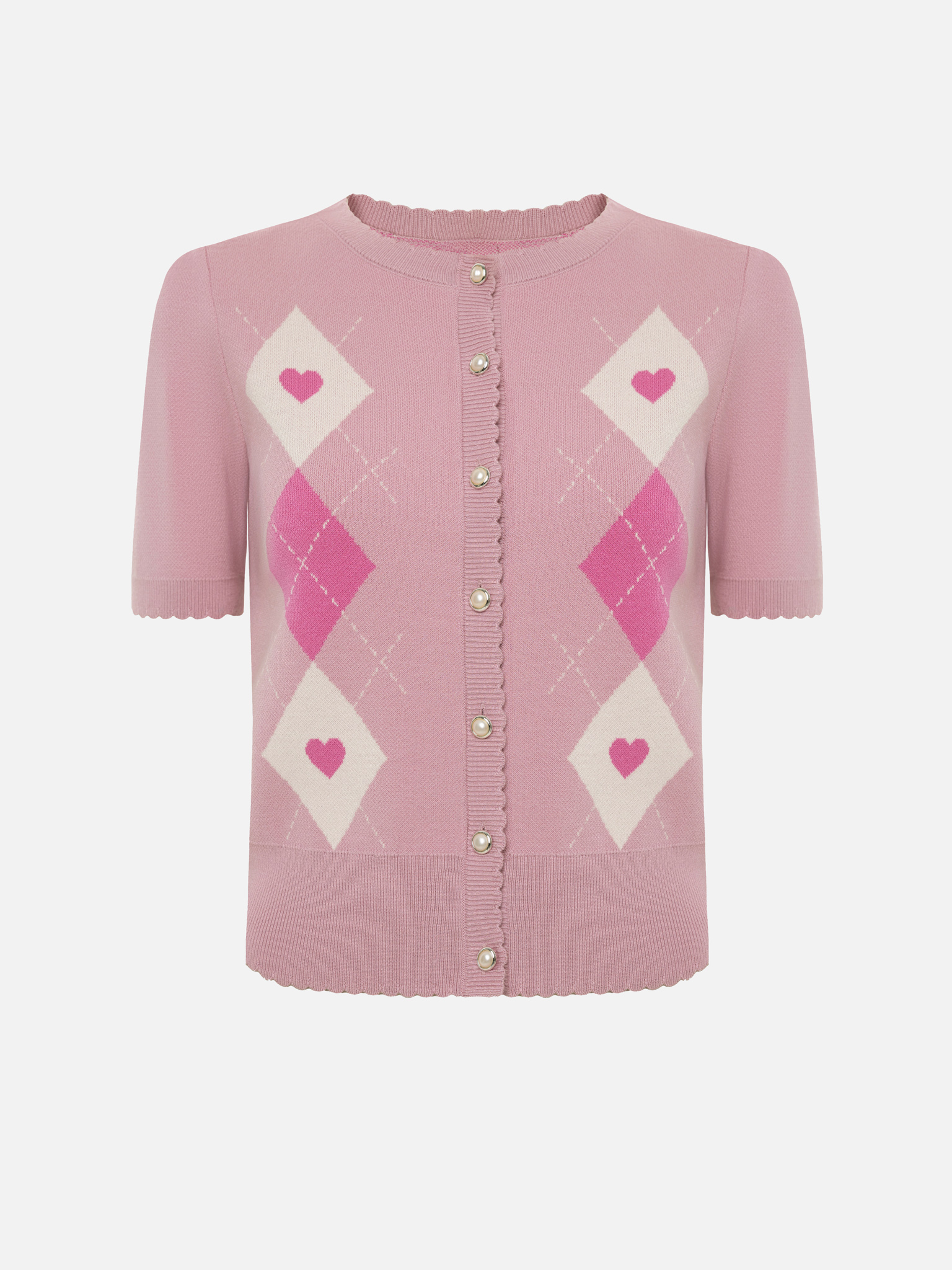 Knitted cardigan with short sleeves and contrasting ornamental pattern