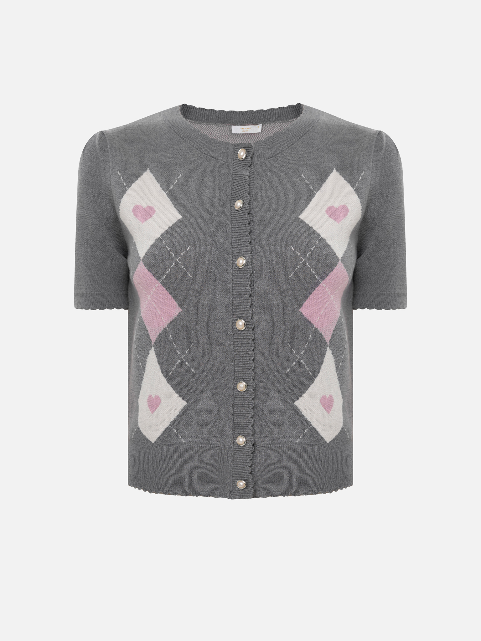 Knitted cardigan with short sleeves and contrasting ornamental pattern
