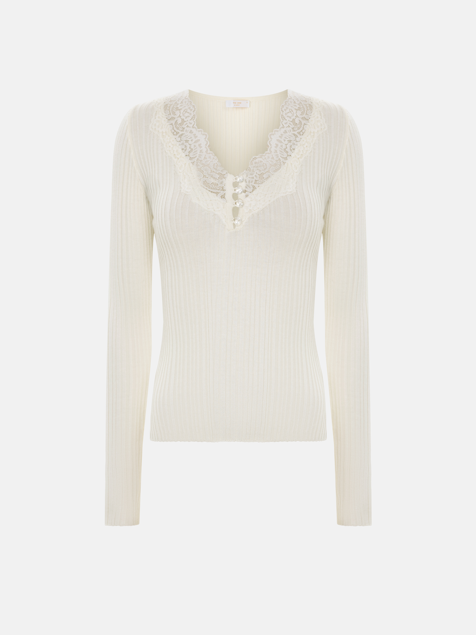 Ribbed jumper with lace insert at the bodice