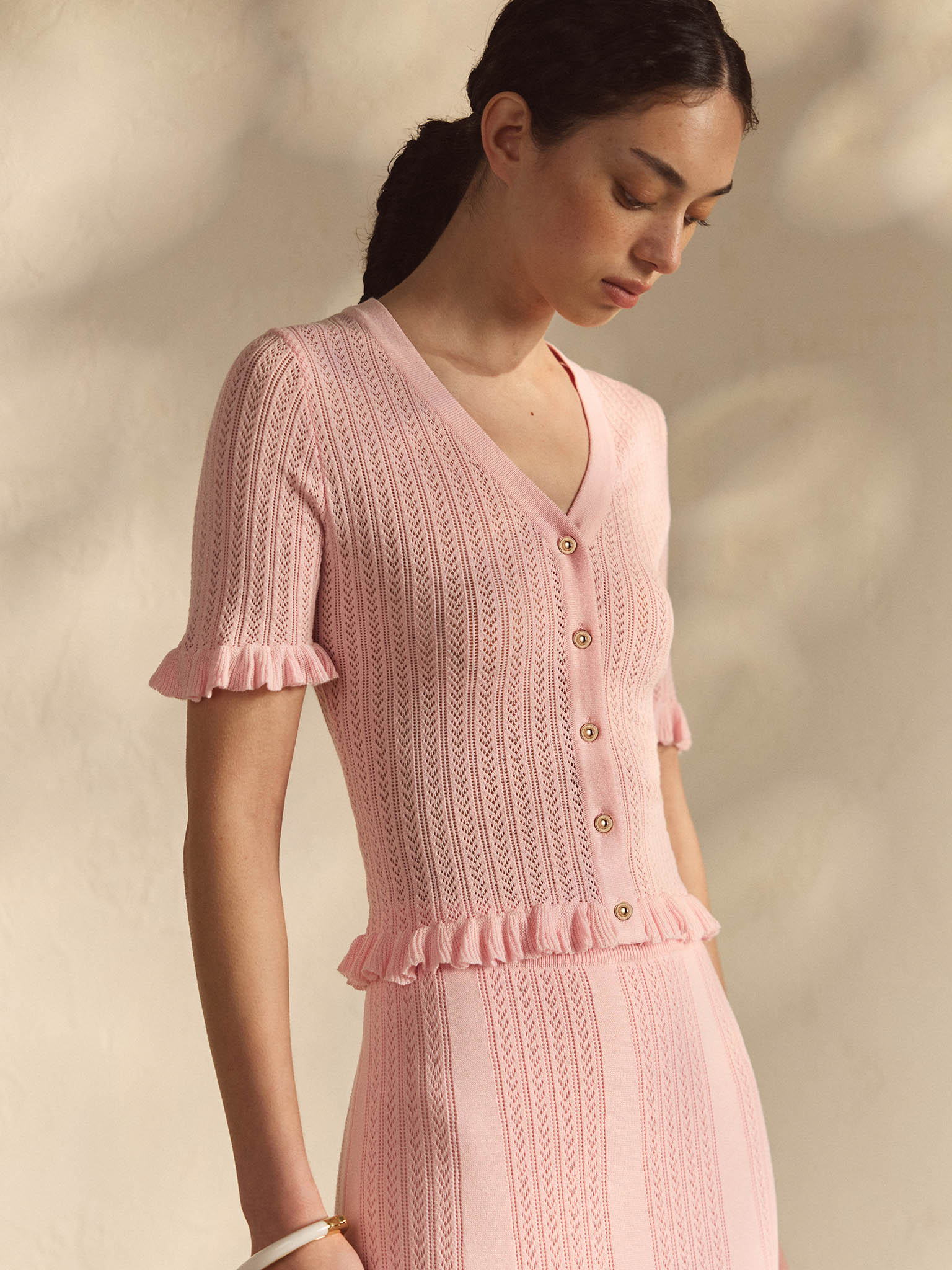 Openwork jersey top with short sleeves