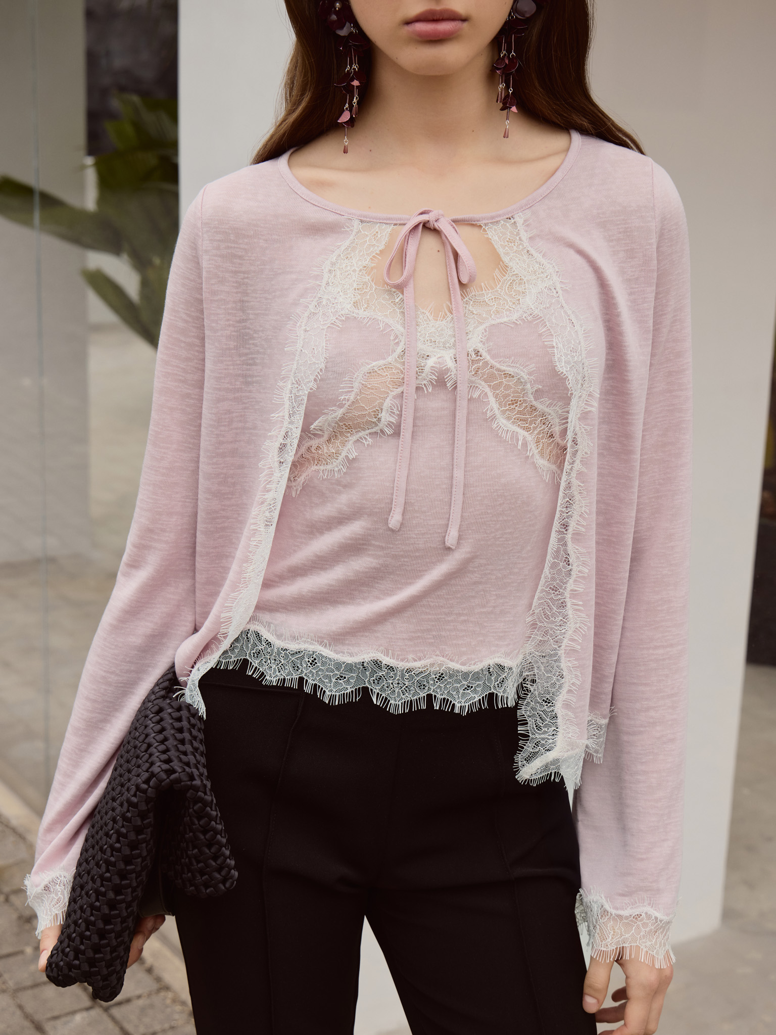 Jersey cardigan with lace trim and ties