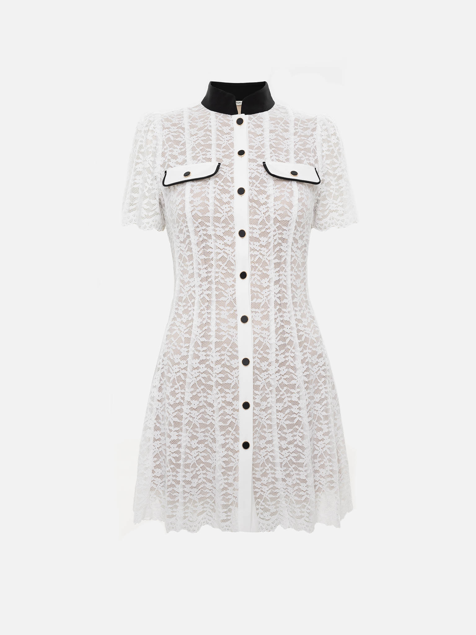 Платье мини из гипюра с контрастными деталями