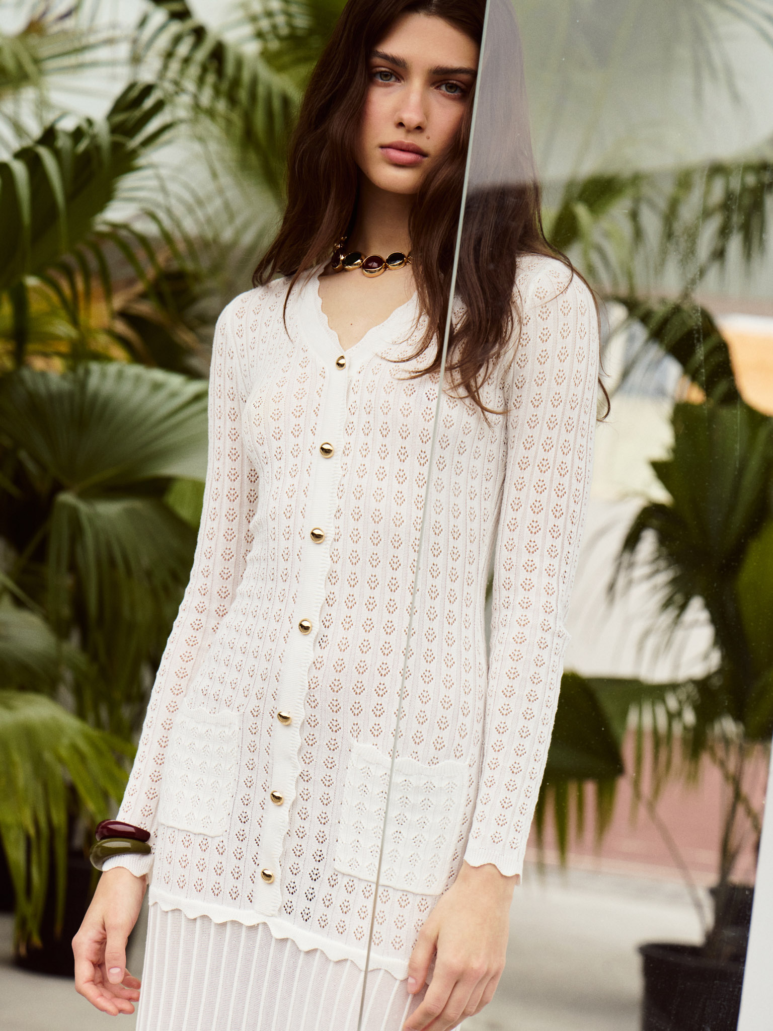 Lace-knit maxi dress with golden buttons