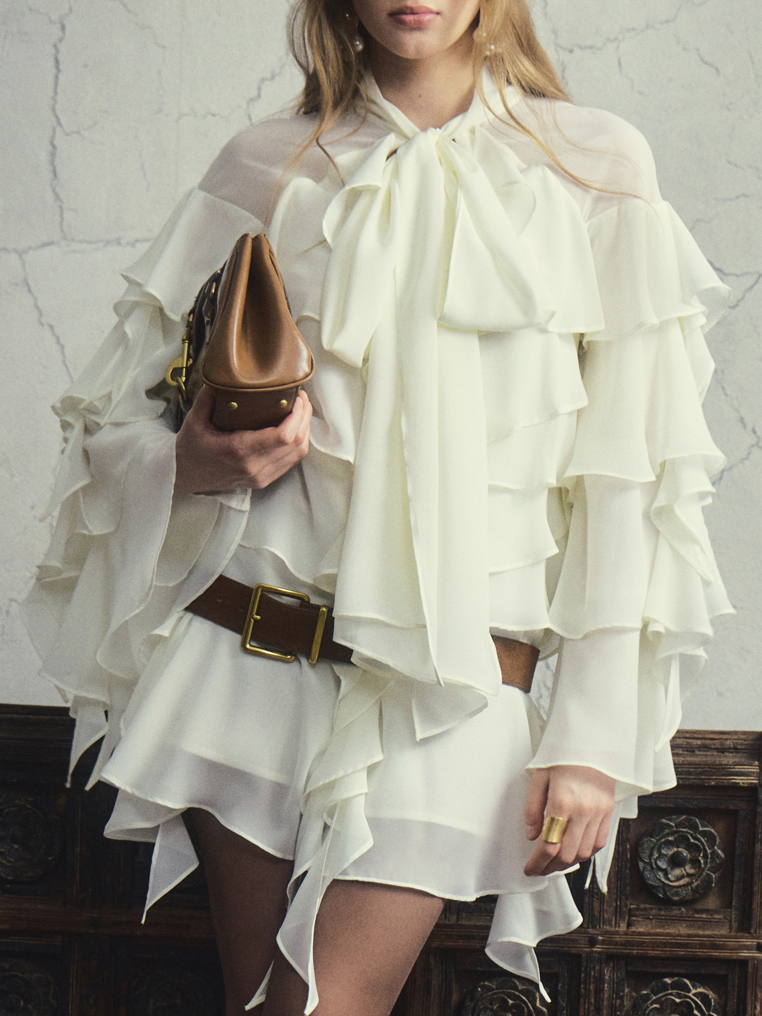 Chiffon mini dress with ruffles and bow on the collar