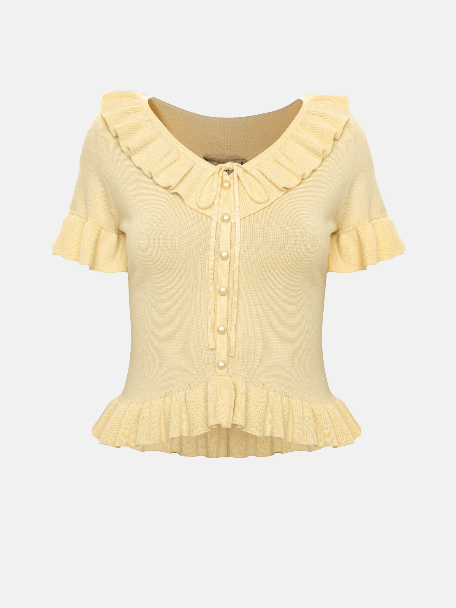 Кардиган гладкой вязки с короткими рукавами и оборками